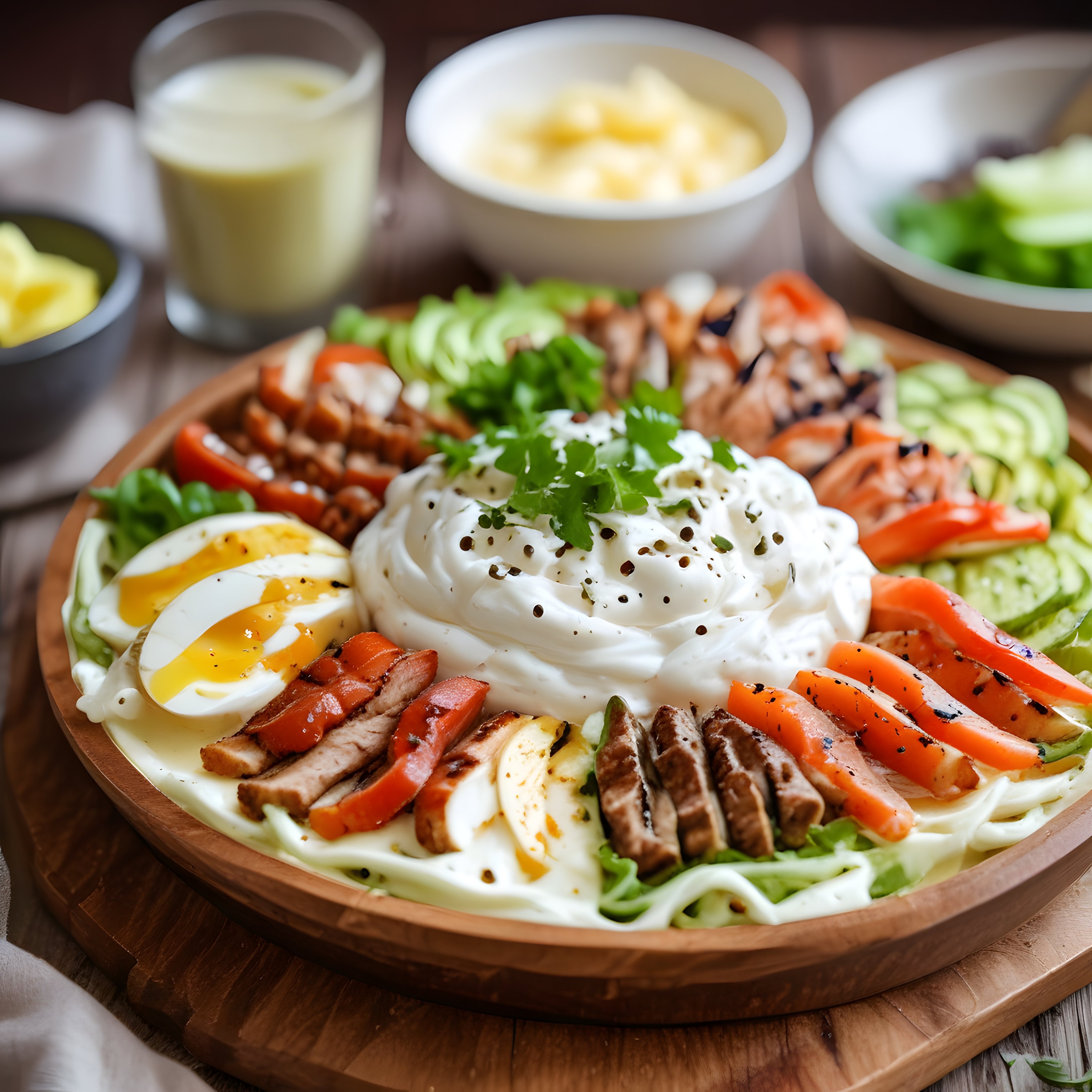 Ahşap Sunum Tahtasında Protein Dolu Sağlıklı Kahvaltı Tabağı ve Taze Sebzeler