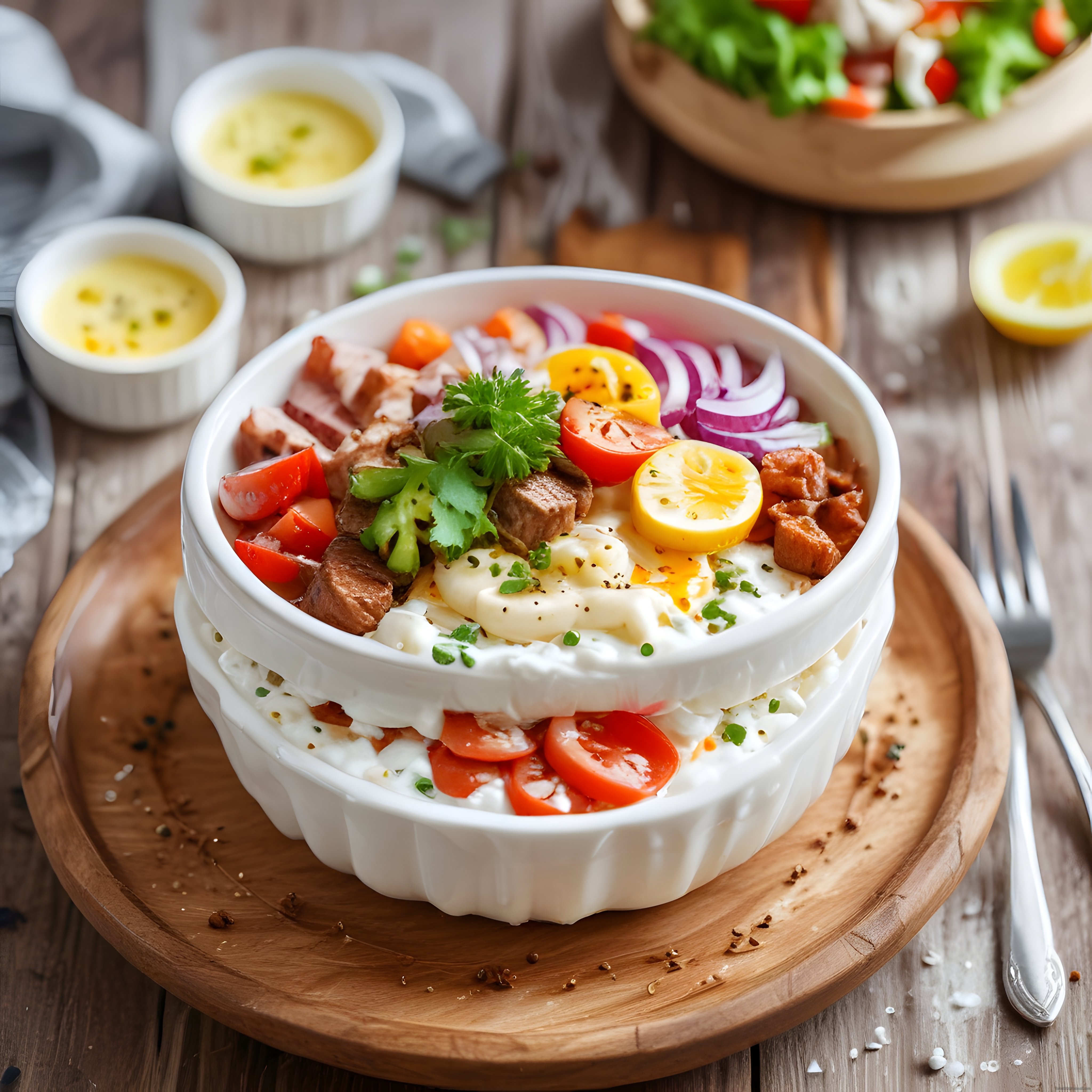 Ahşap Sunum Tahtasında Protein Kahvaltı Kasesi ve Taze Sebzeler