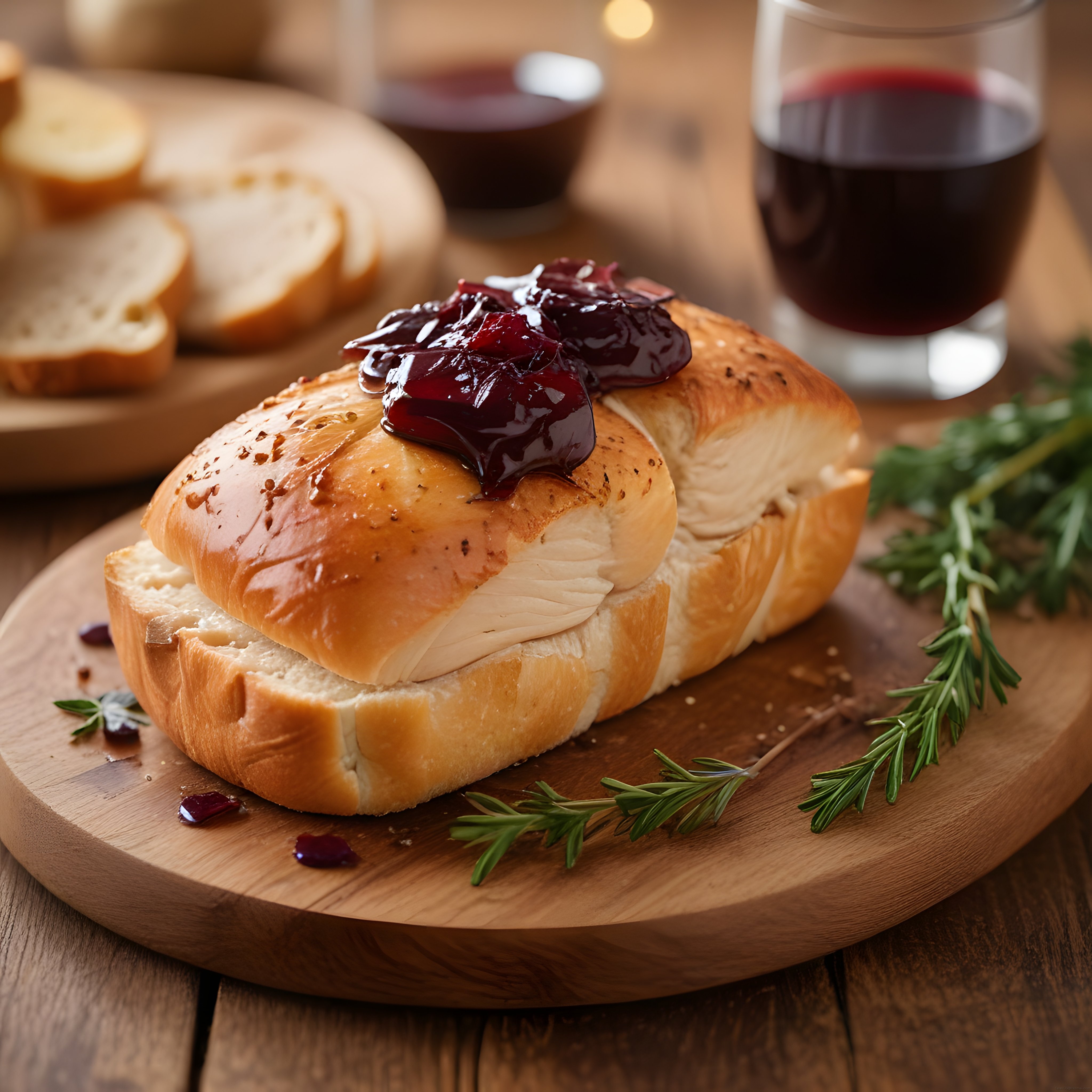 Ahşap sunum tahtasında reçelli peynirli ekmek ve kırmızı şarap eşliği