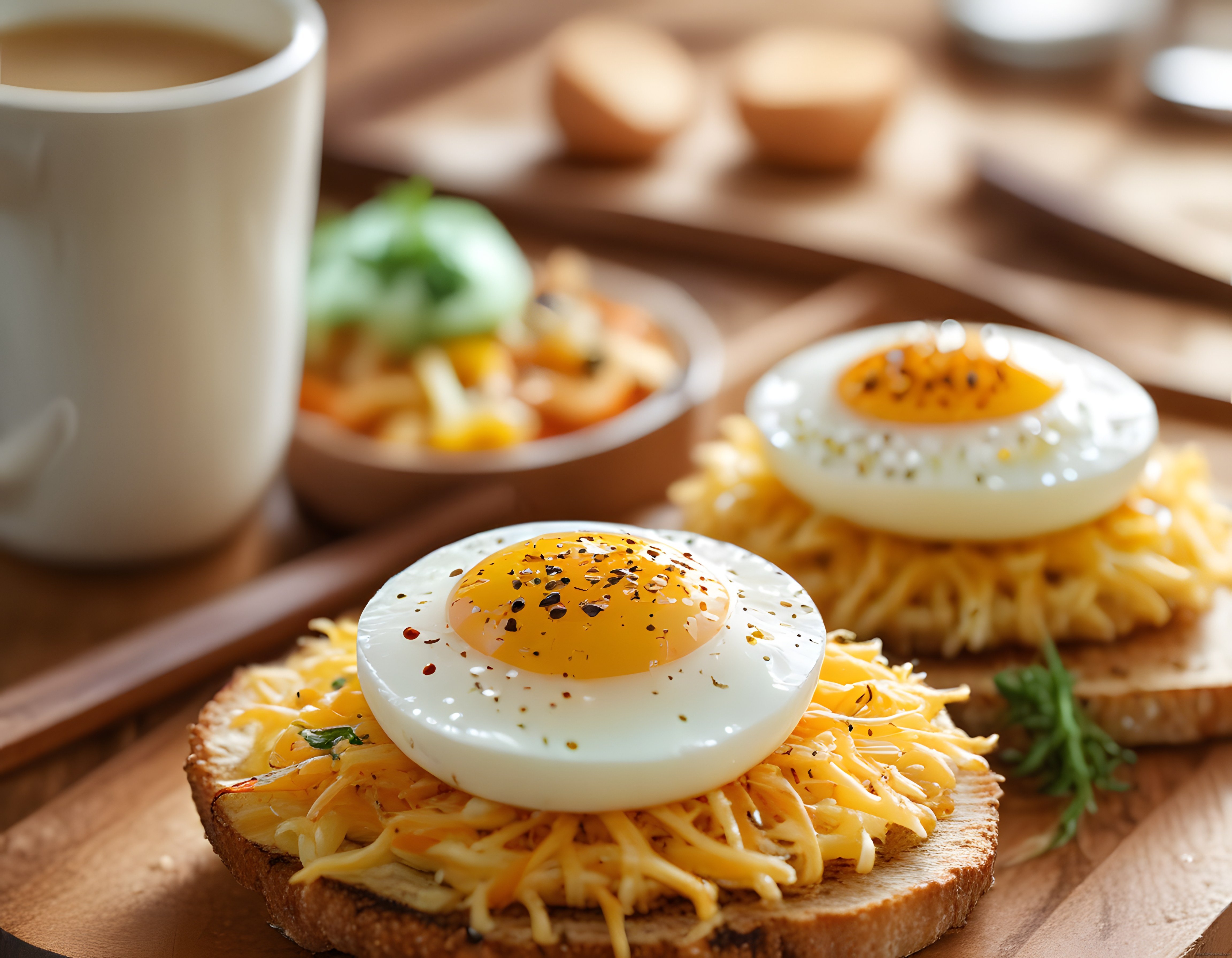 Ahşap Sunum Tahtasında Rende Peynirli ve Yumurtalı Tost ile Kahve