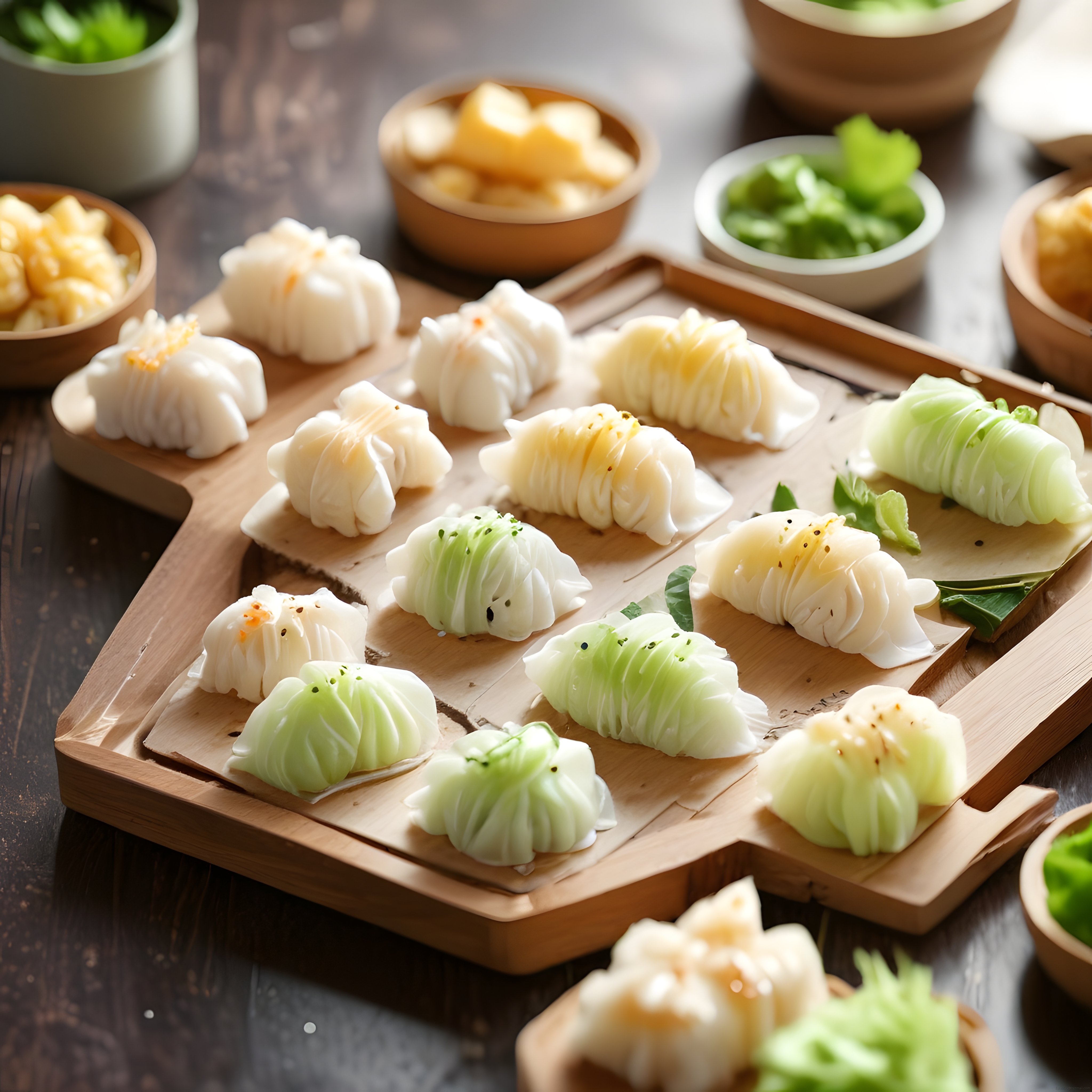 Ahşap Sunum Tahtasında Rengarenk Buharlı Dim Sum Mantı Çeşitleri