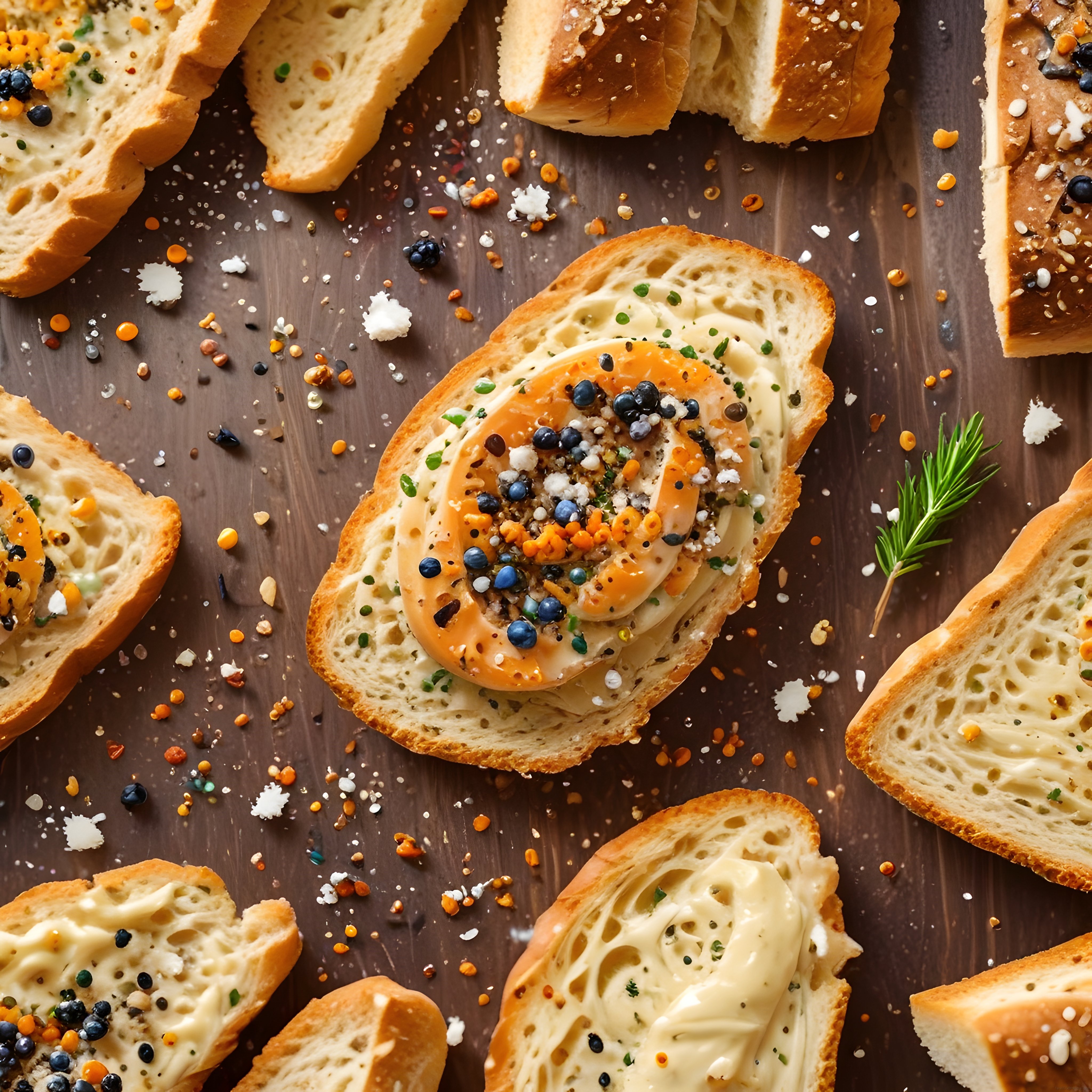 Ahşap Sunum Tahtasında Renkli Baharatlı Tereyağlı Ekmek Dilimleri