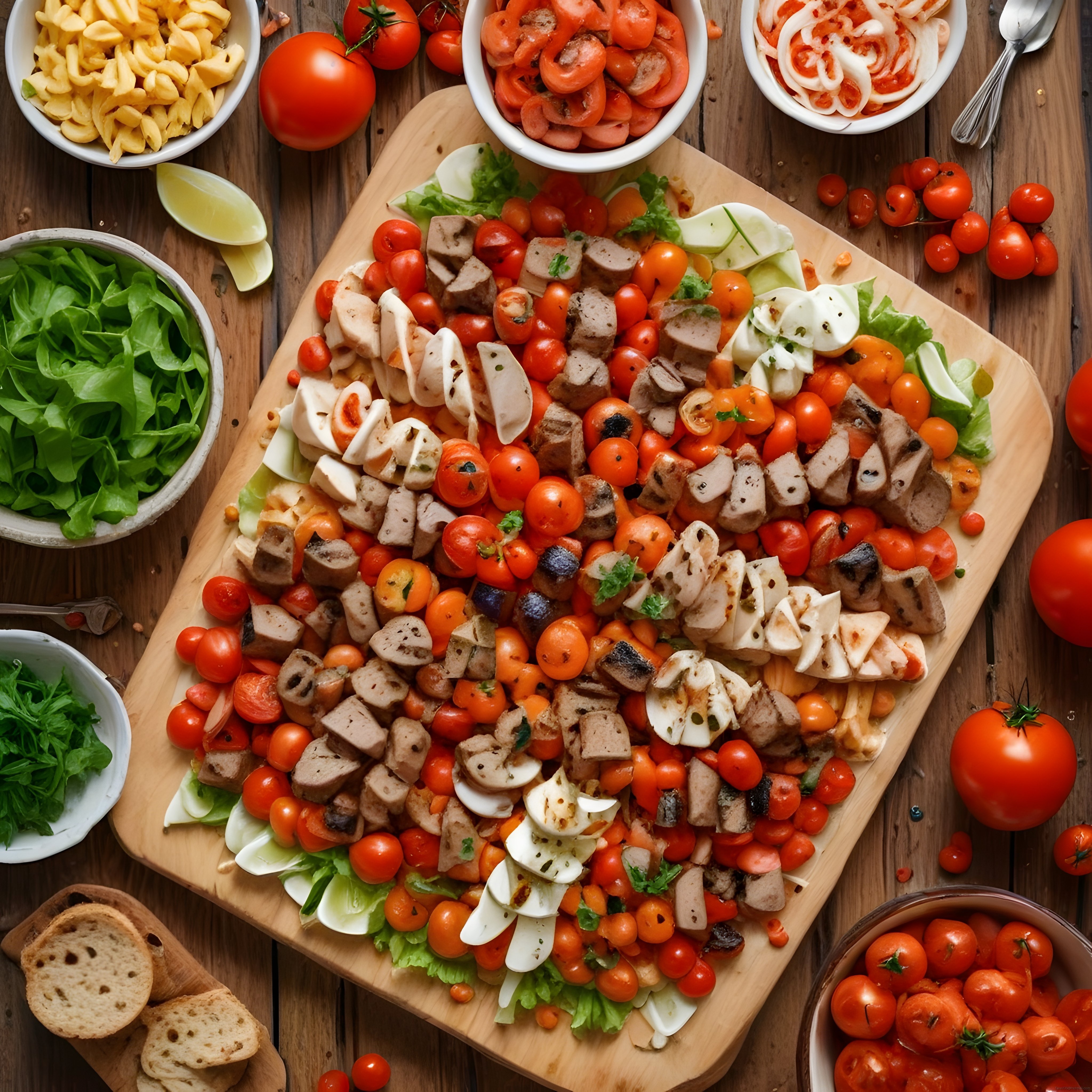 Ahşap sunum tahtasında renkli domates salatası ve taze mutfak malzemeleri