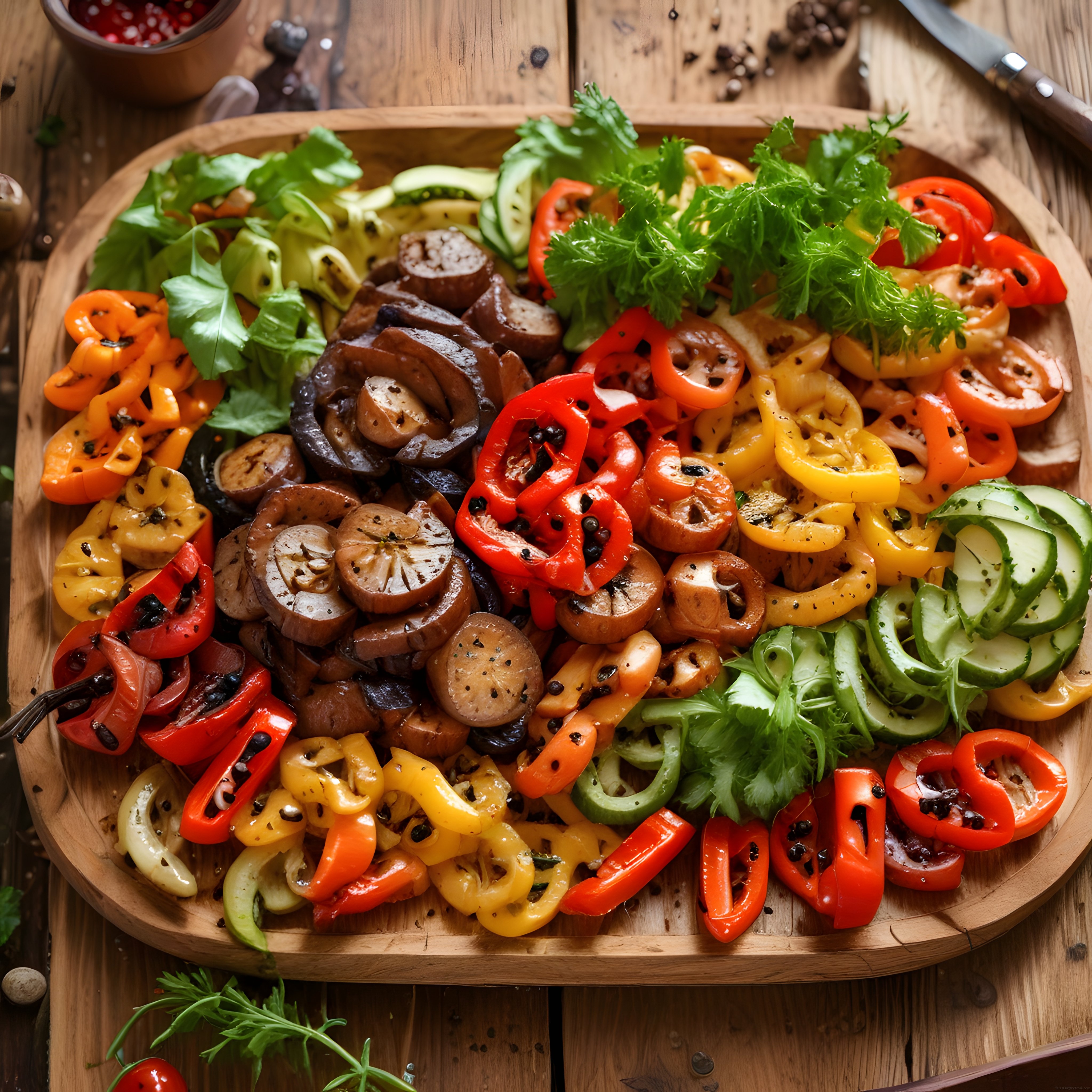 Ahşap Sunum Tahtasında Renkli Izgara Sebze ve Vegan Sosis Şöleni