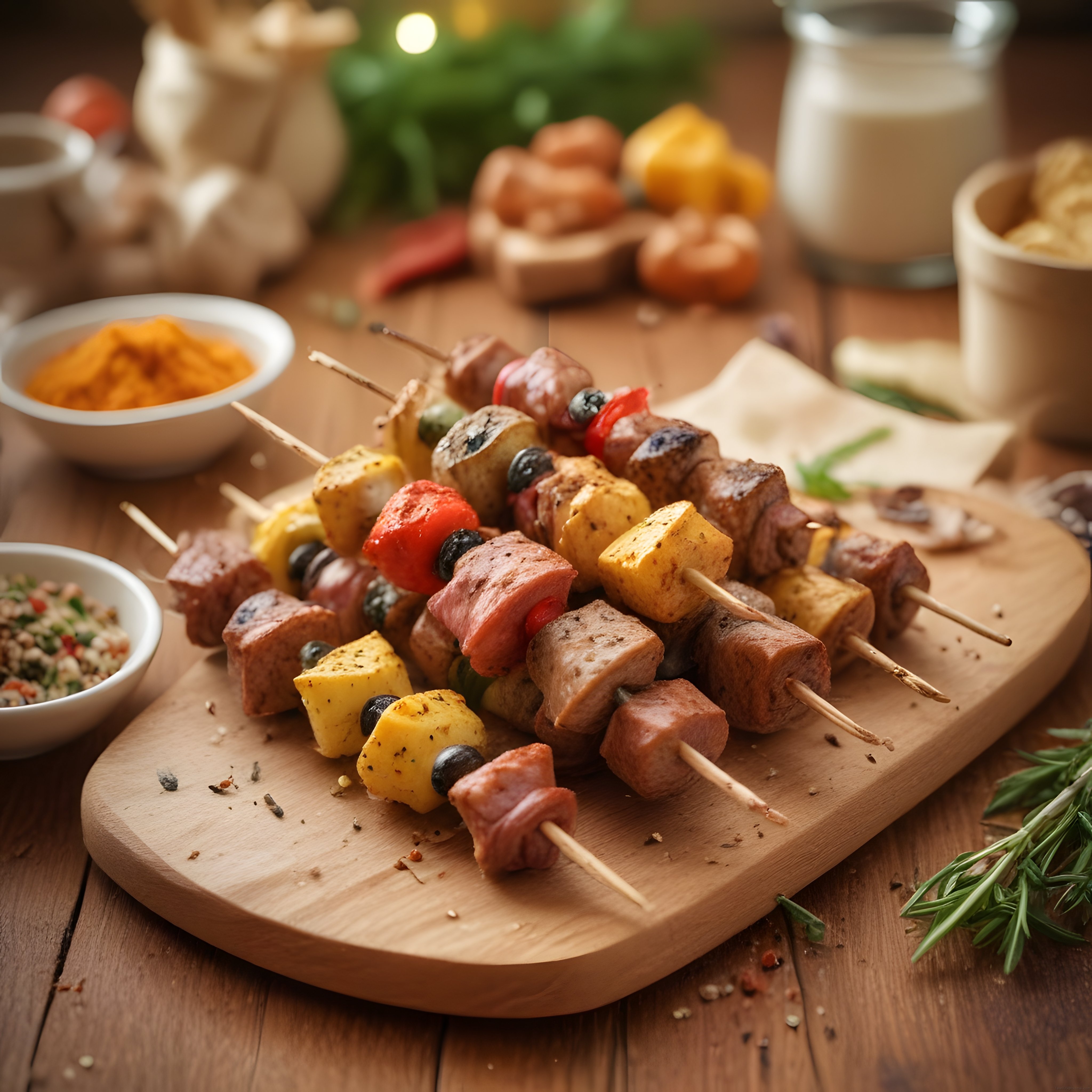 Ahşap sunum tahtasında renkli karışık şiş kebap ve meze keyfi