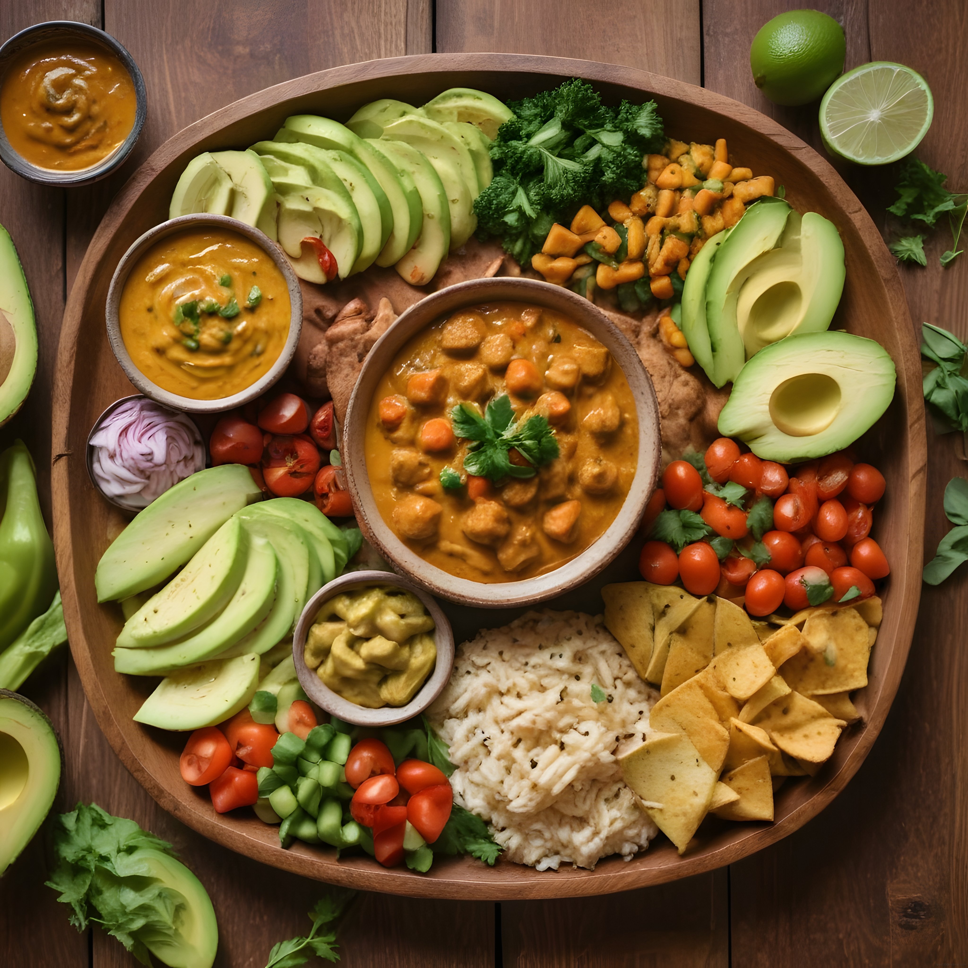 Ahşap Sunum Tahtasında Renkli Kase Yemeği: Avokado, Nachos ve Köri Lezzeti