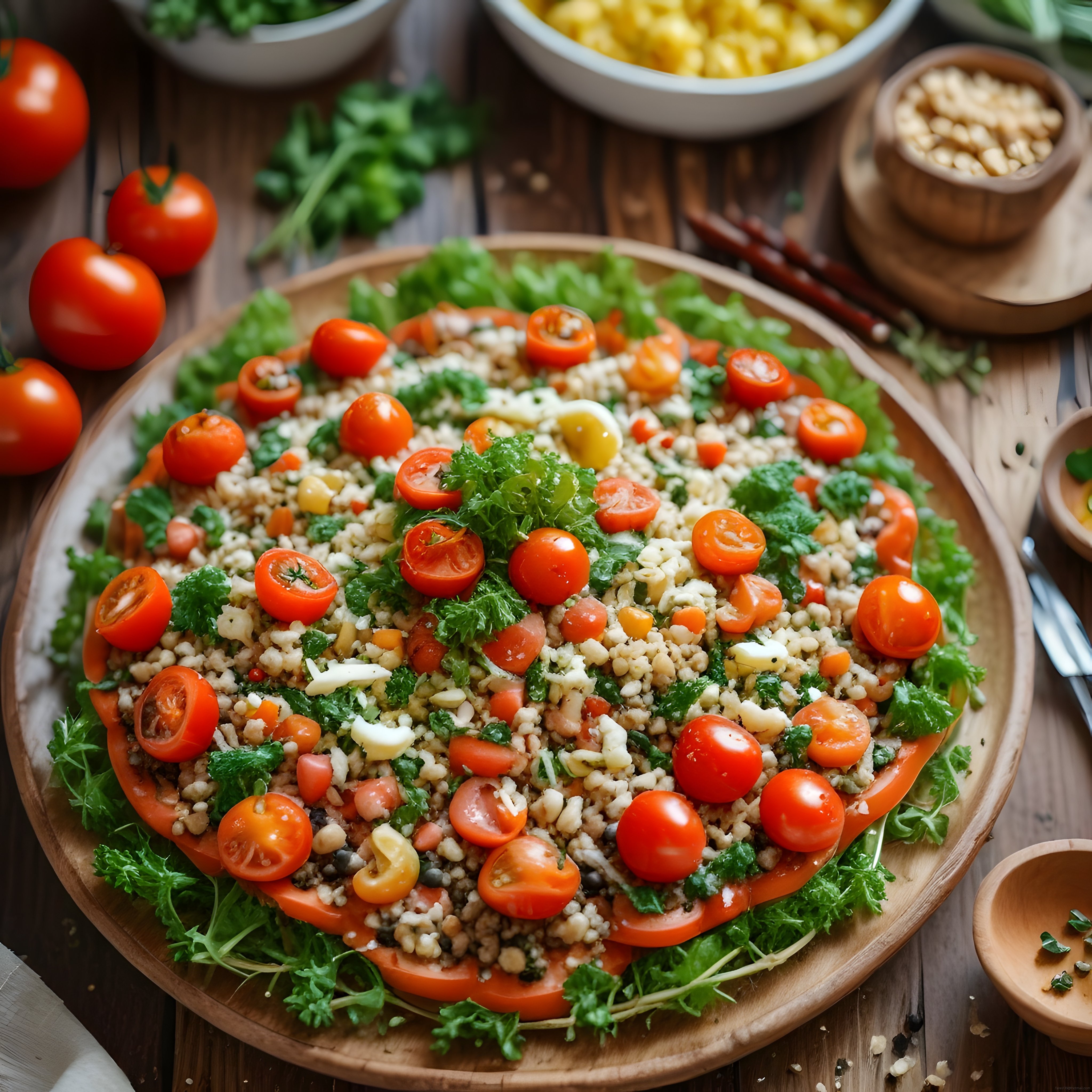 Ahşap Sunum Tahtasında Renkli Kuskus Salatası ile Sağlıklı Sofralar