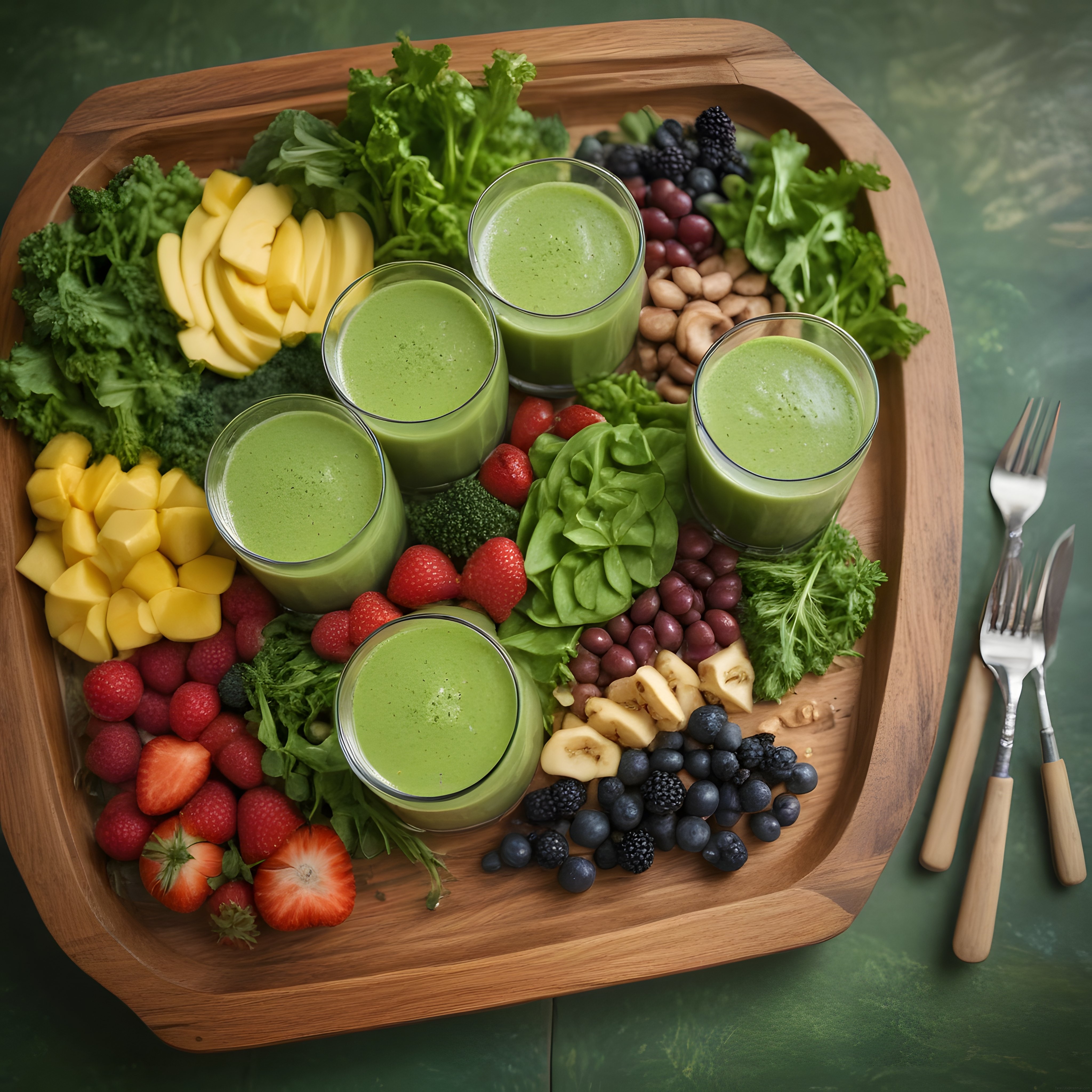Ahşap Sunum Tahtasında Renkli Meyveler ve Taze Yeşil Smoothie'ler