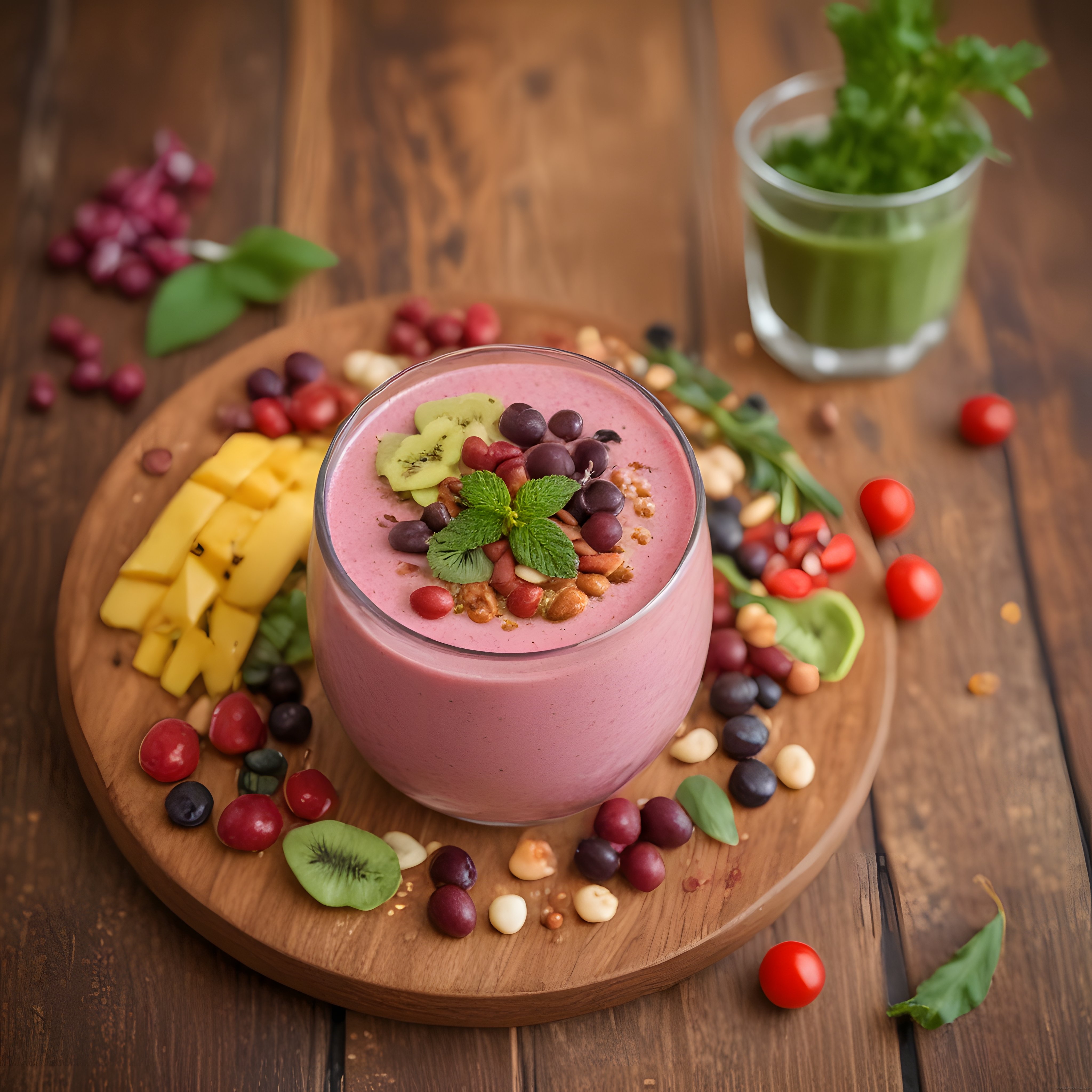 Ahşap Sunum Tahtasında Renkli Meyveli Smoothie ve Sağlıklı Atıştırmalıklar