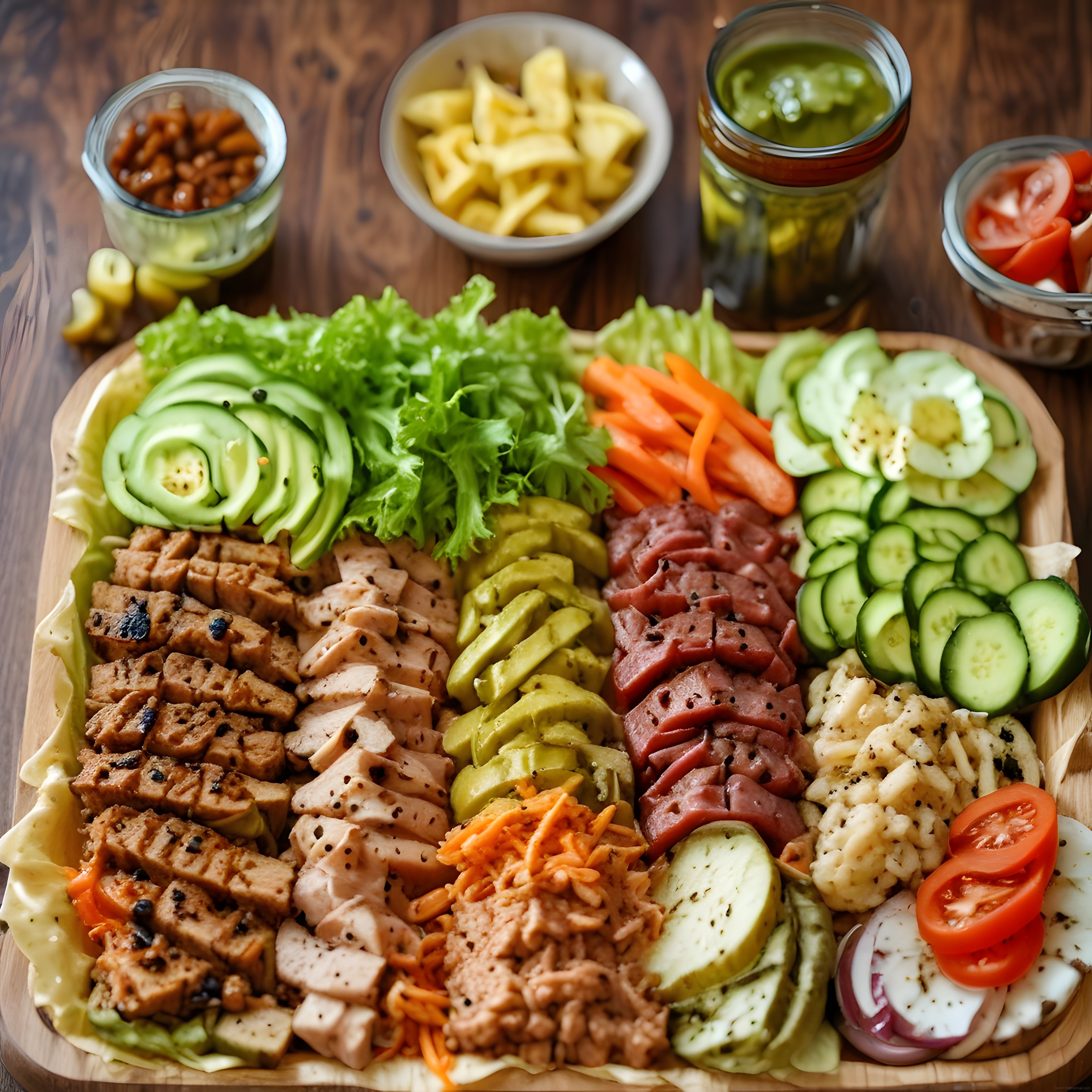 Ahşap Sunum Tahtasında Renkli Protein Salata ve Kahvaltılık Malzemeler