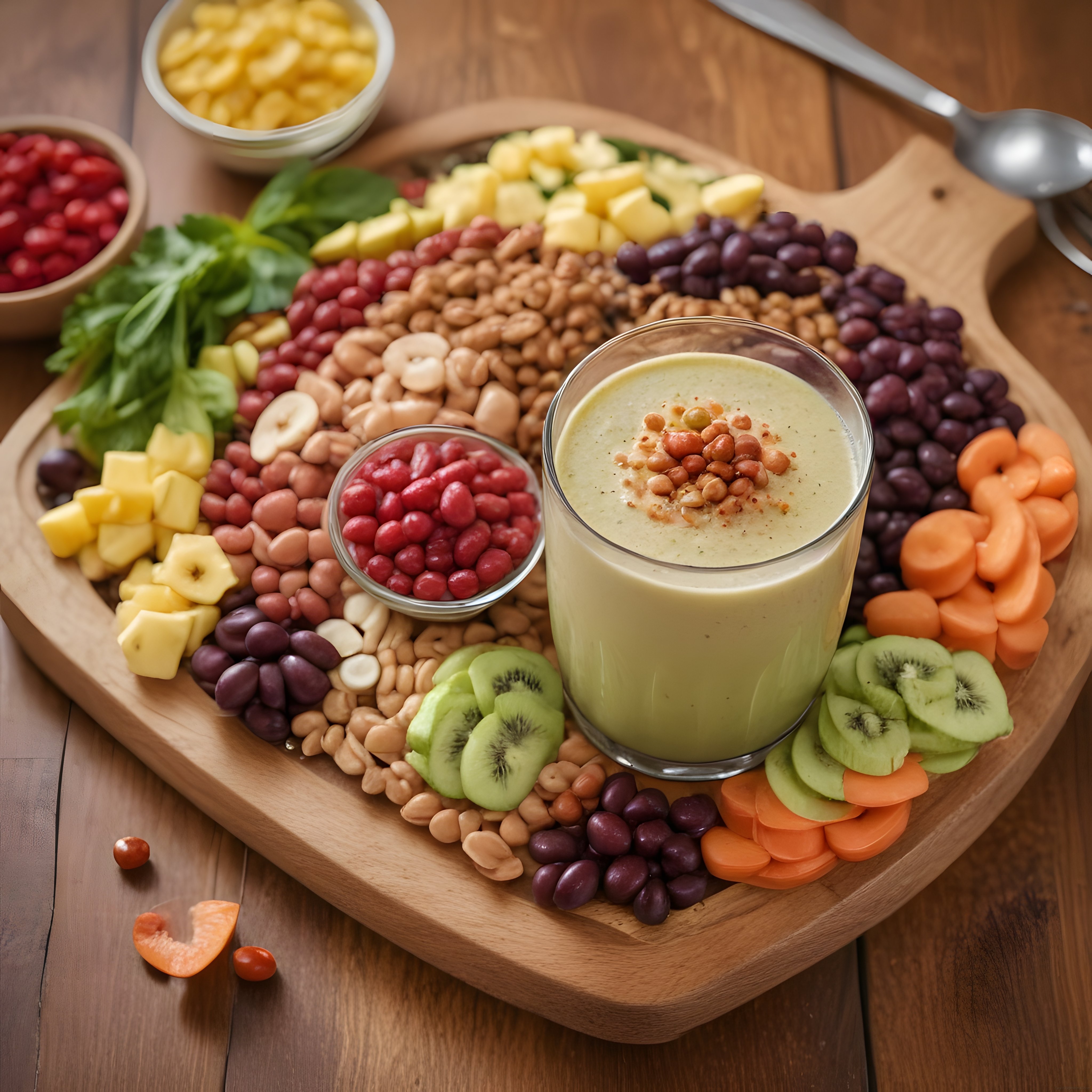Ahşap Sunum Tahtasında Renkli Sağlıklı Atıştırmalık ve Yeşil Smoothie