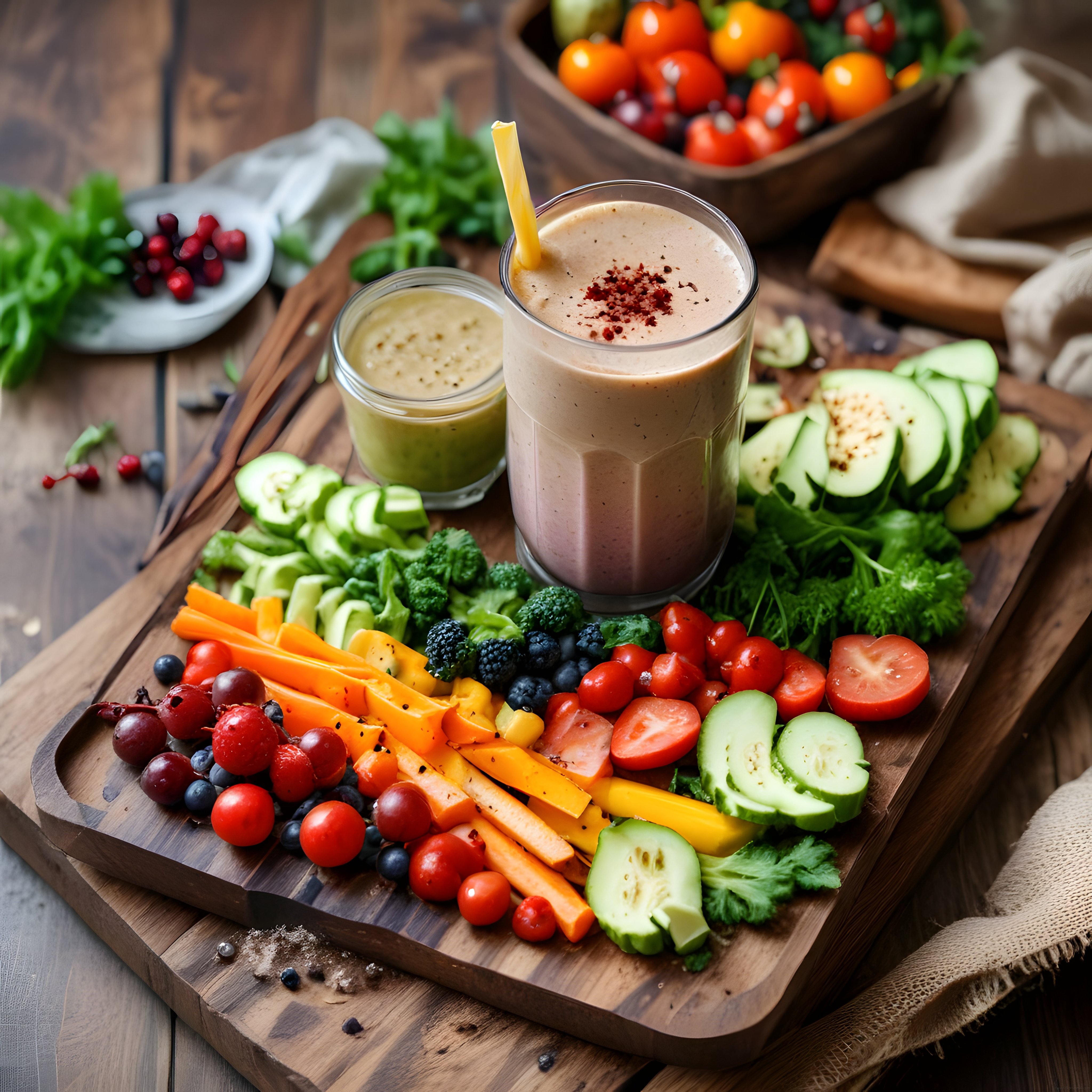 Ahşap Sunum Tahtasında Renkli Sebze, Meyve ve Sağlıklı Smoothie Çeşitleri