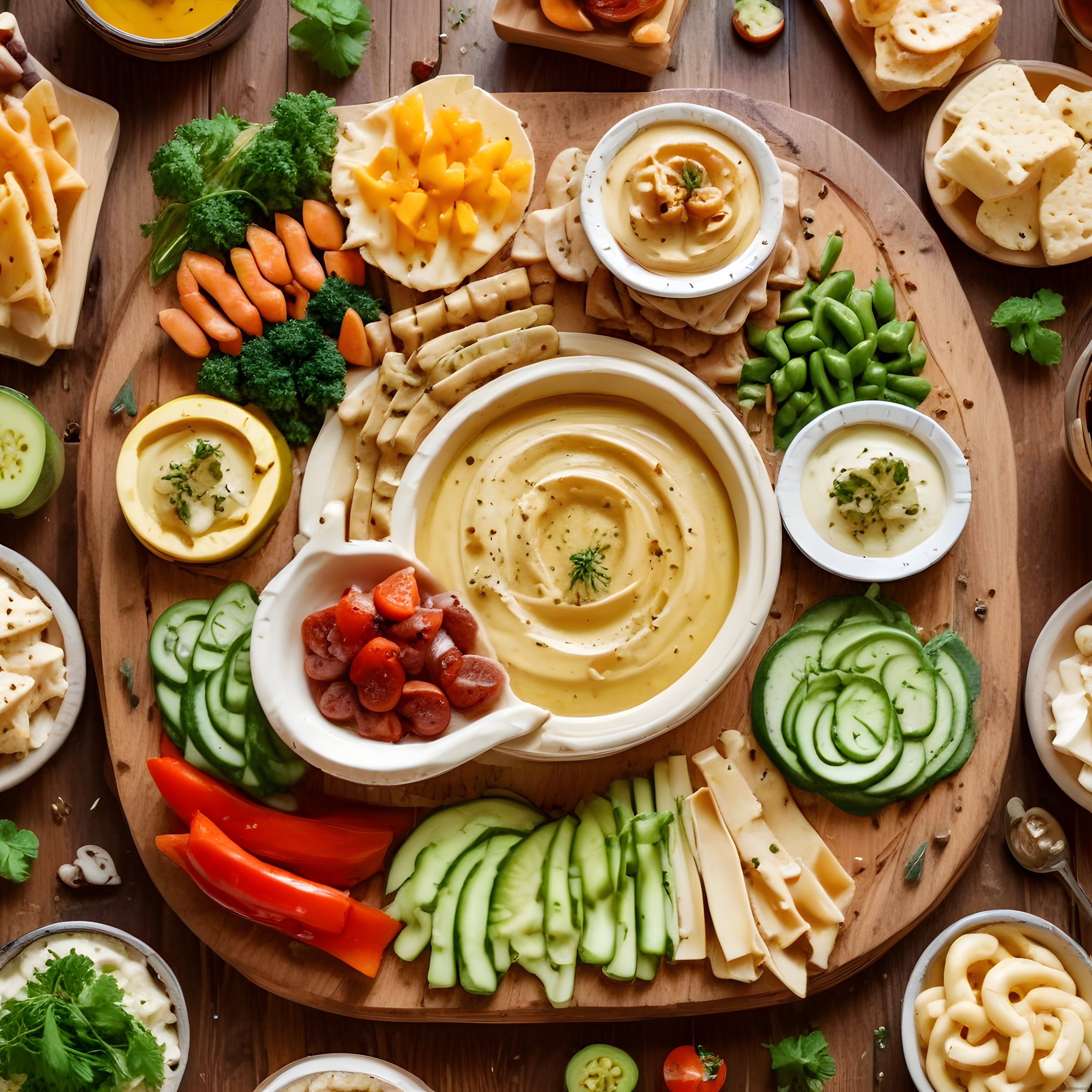 Ahşap Sunum Tahtasında Renkli Sebze, Peynir ve Humus Atıştırmalık Tabağı