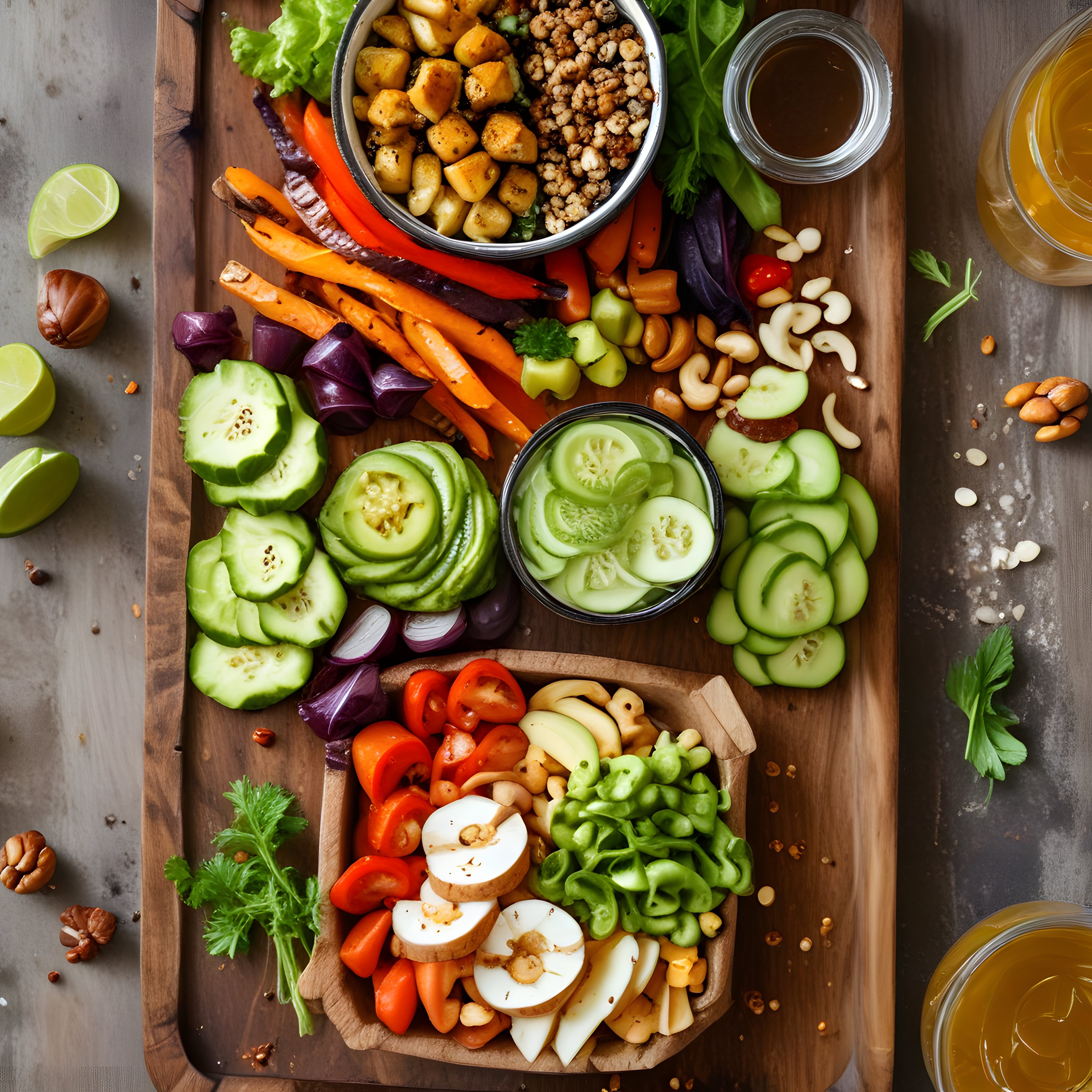 Ahşap Sunum Tahtasında Renkli Sebze ve Kuruyemişli Sağlıklı Vegan Tabak