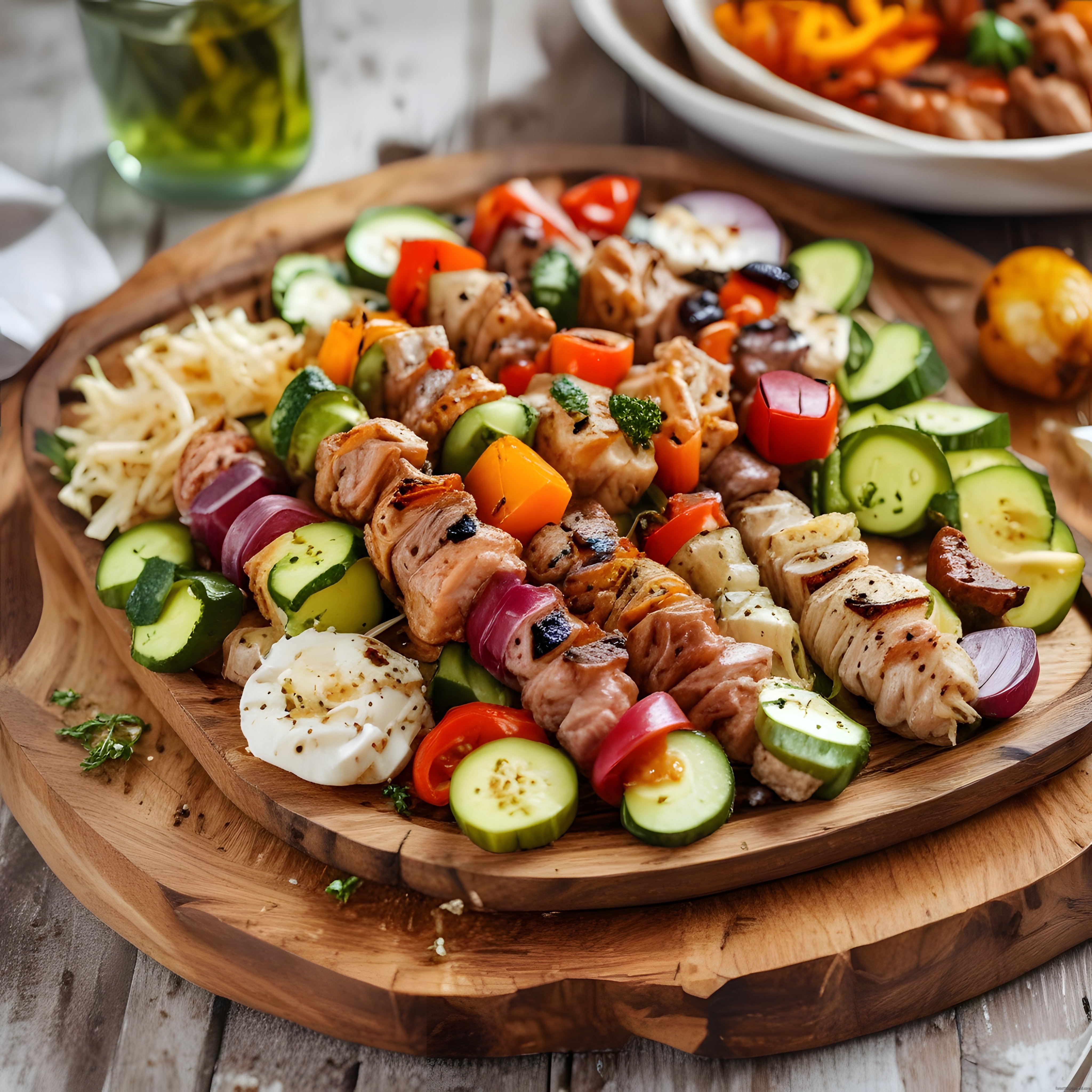 Ahşap Sunum Tahtasında Renkli Sebzelerle Servis Edilen Lezzetli Izgara Şiş Kebap