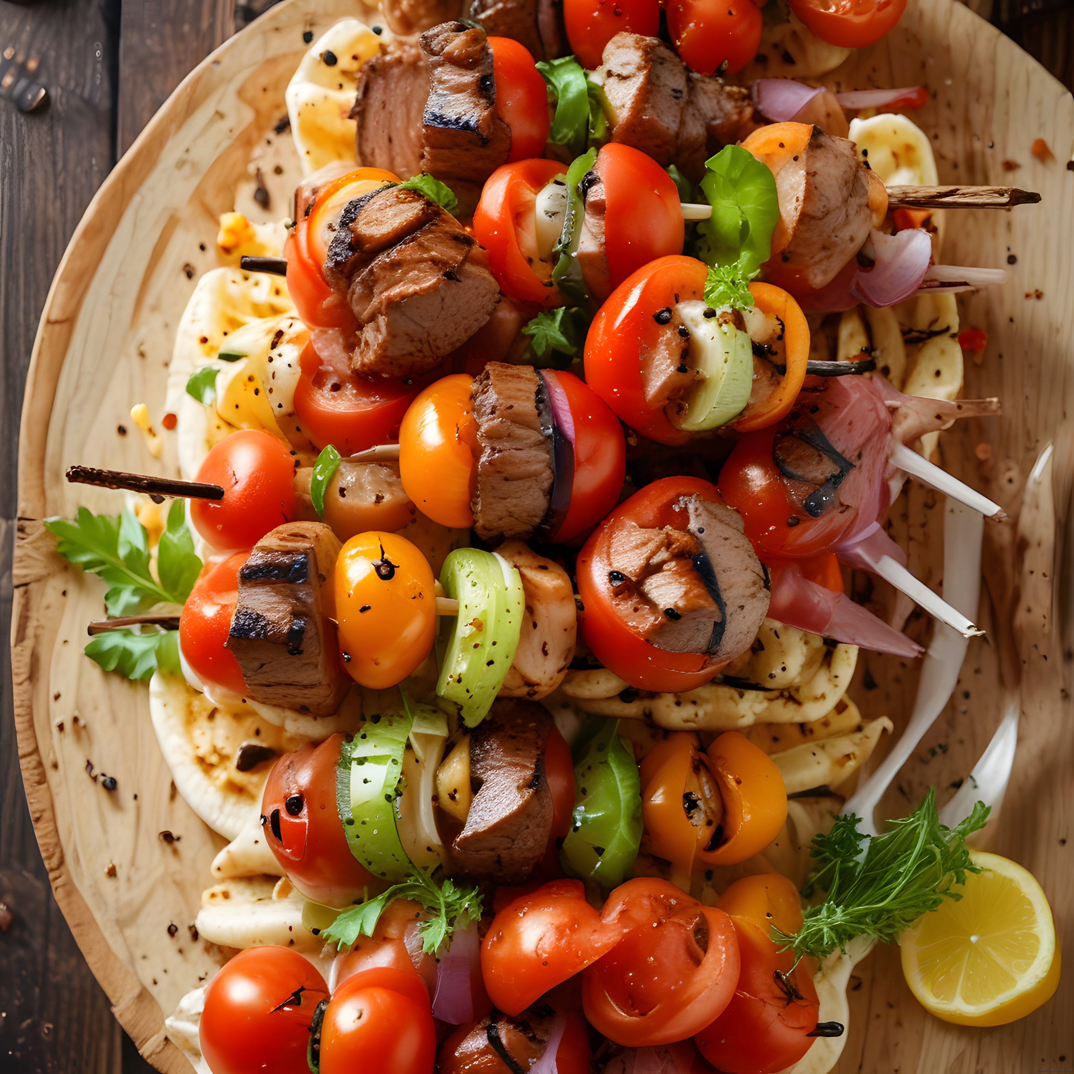 Ahşap Sunum Tahtasında Renkli Sebzeli Et Şiş Kebap ve Izgara Lezzetleri