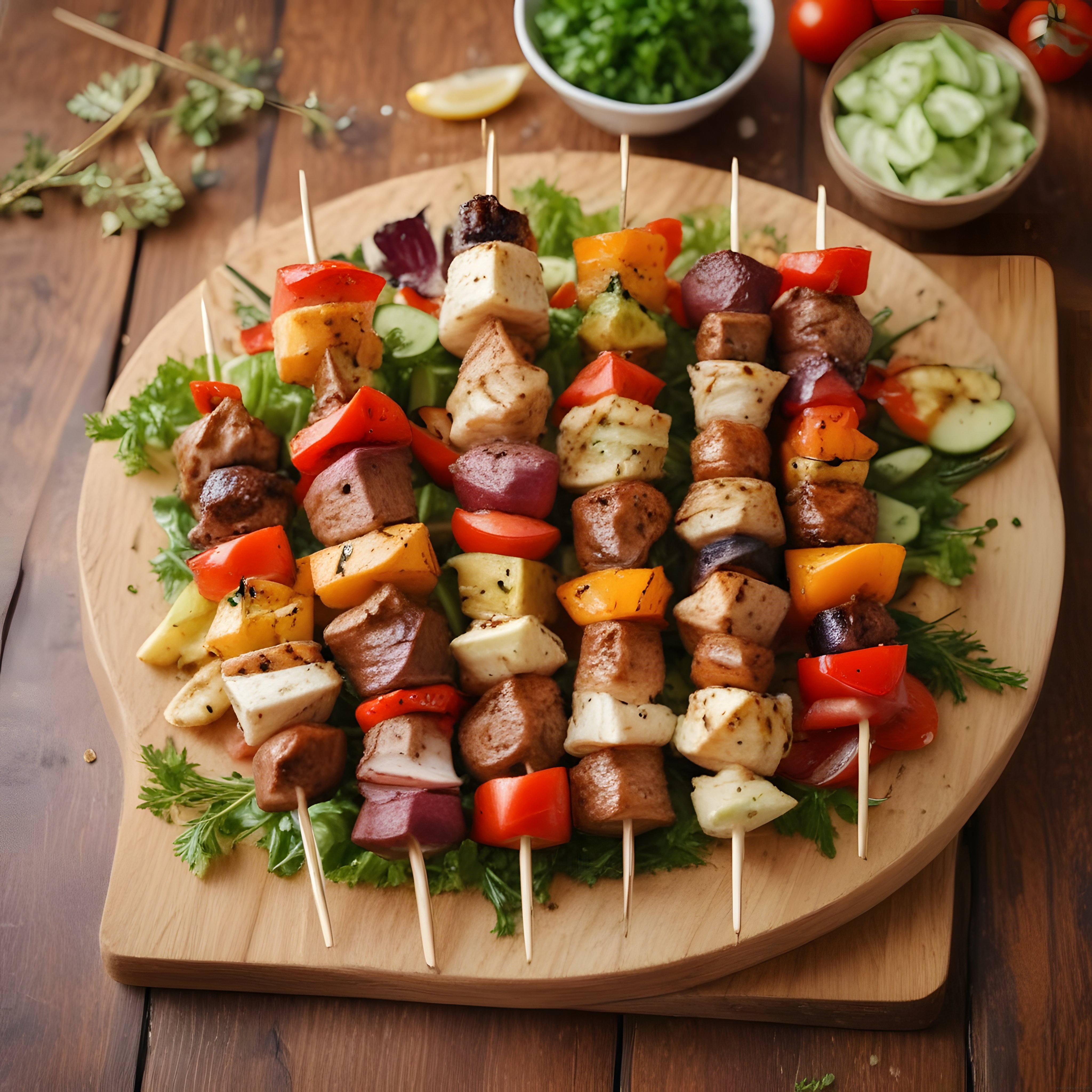 Ahşap Sunum Tahtasında Renkli Sebzeli Peynirli Izgara Şiş Kebap