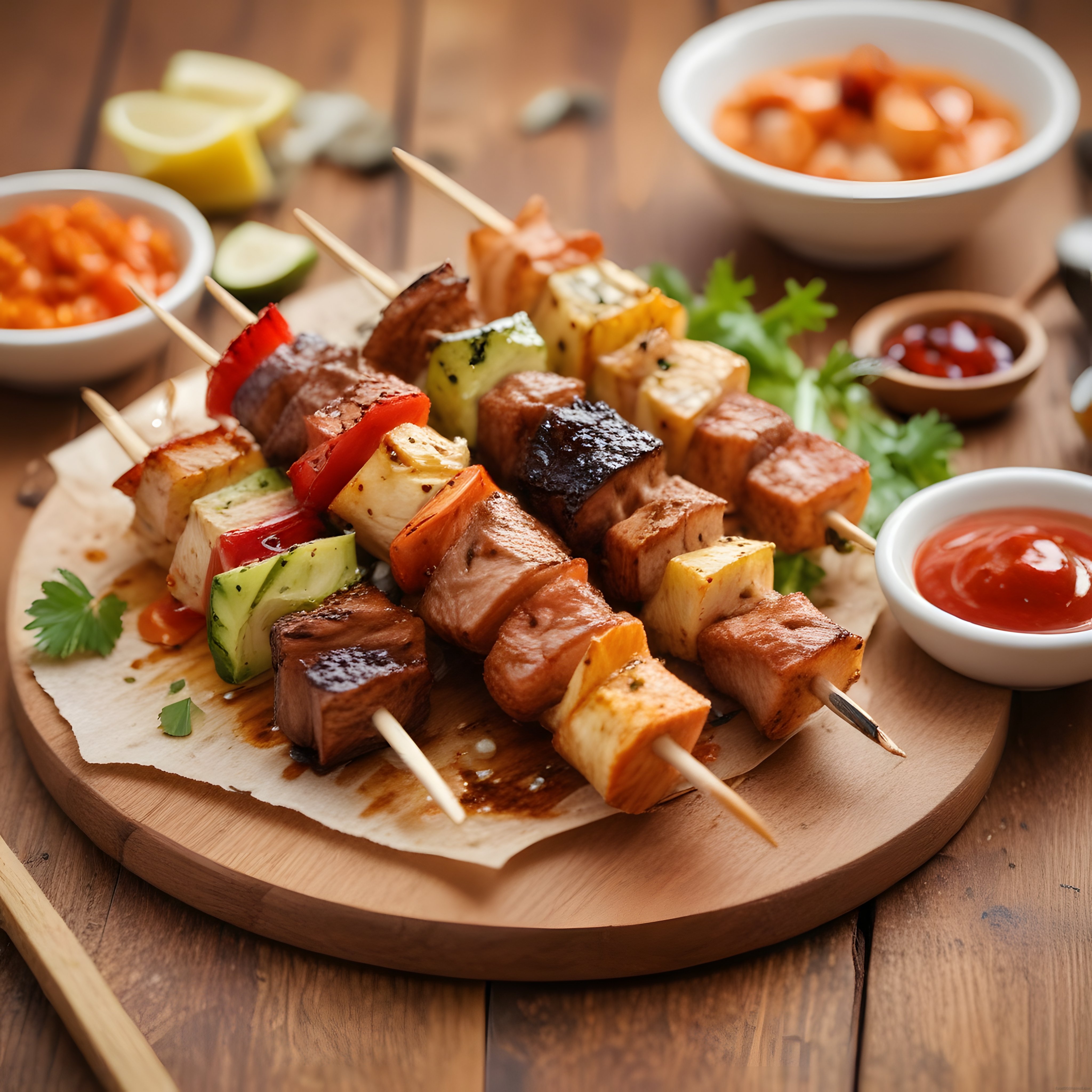 Ahşap Sunum Tahtasında Renkli Sebzeli Peynirli Mangal Şiş Kebap Keyfi
