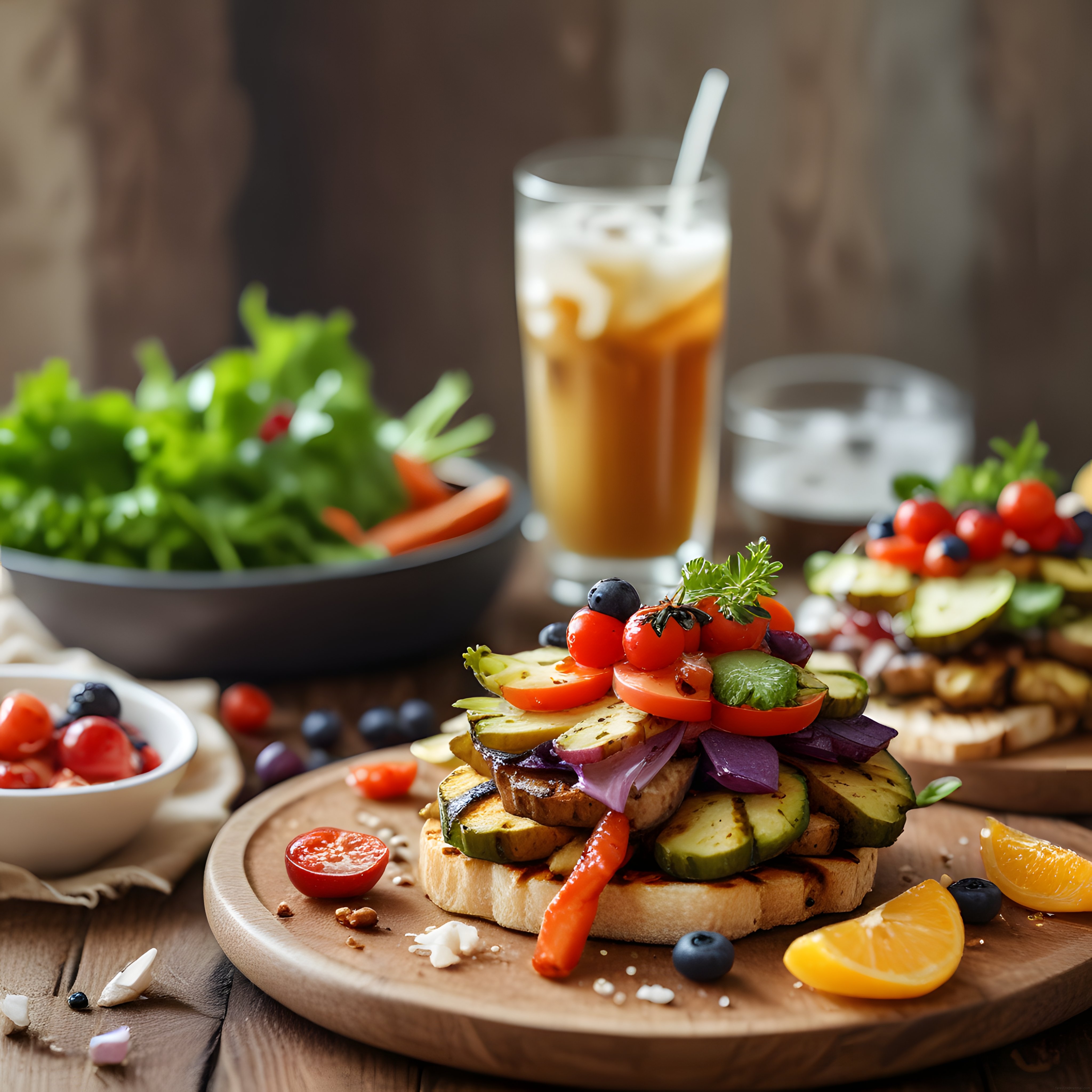 Ahşap sunum tahtasında renkli sebzeli tost ve soğuk kahve ile kahvaltı keyfi