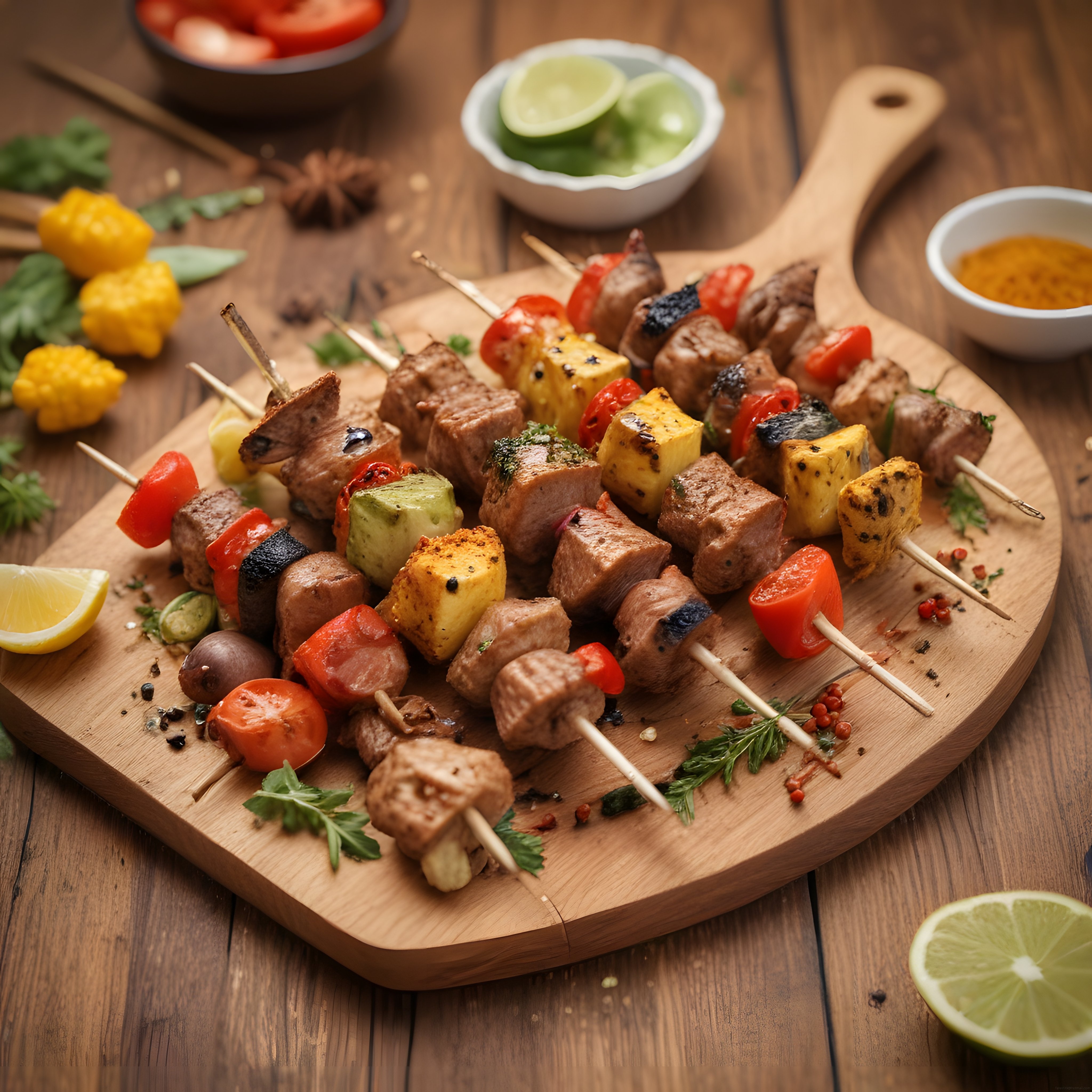 Ahşap Sunum Tahtasında Renkli Sebzeli ve Ananaslı Şiş Kebap Lezzeti