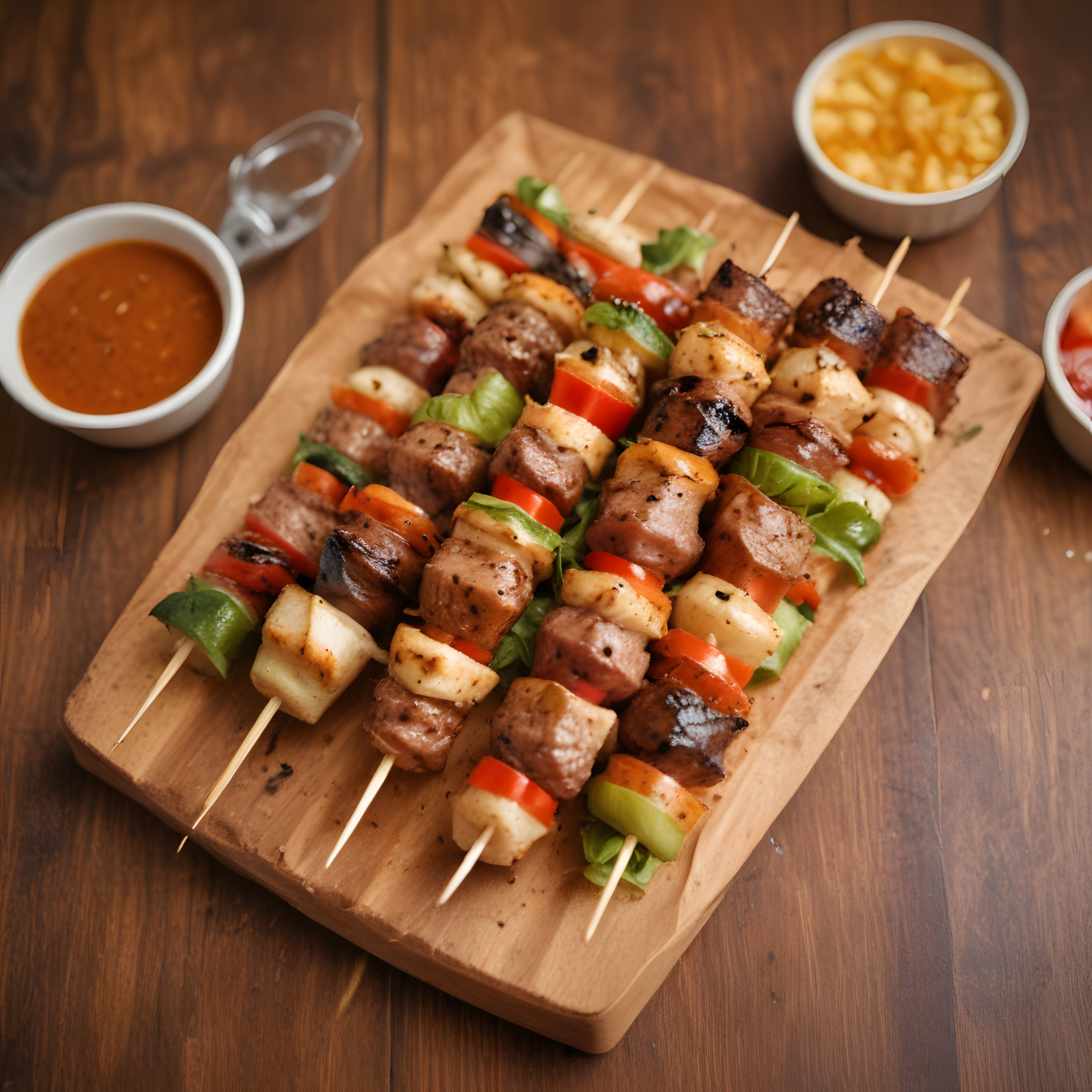 Ahşap Sunum Tahtasında Renkli Sebzeli ve Etli Izgara Şiş Kebap Tarifi