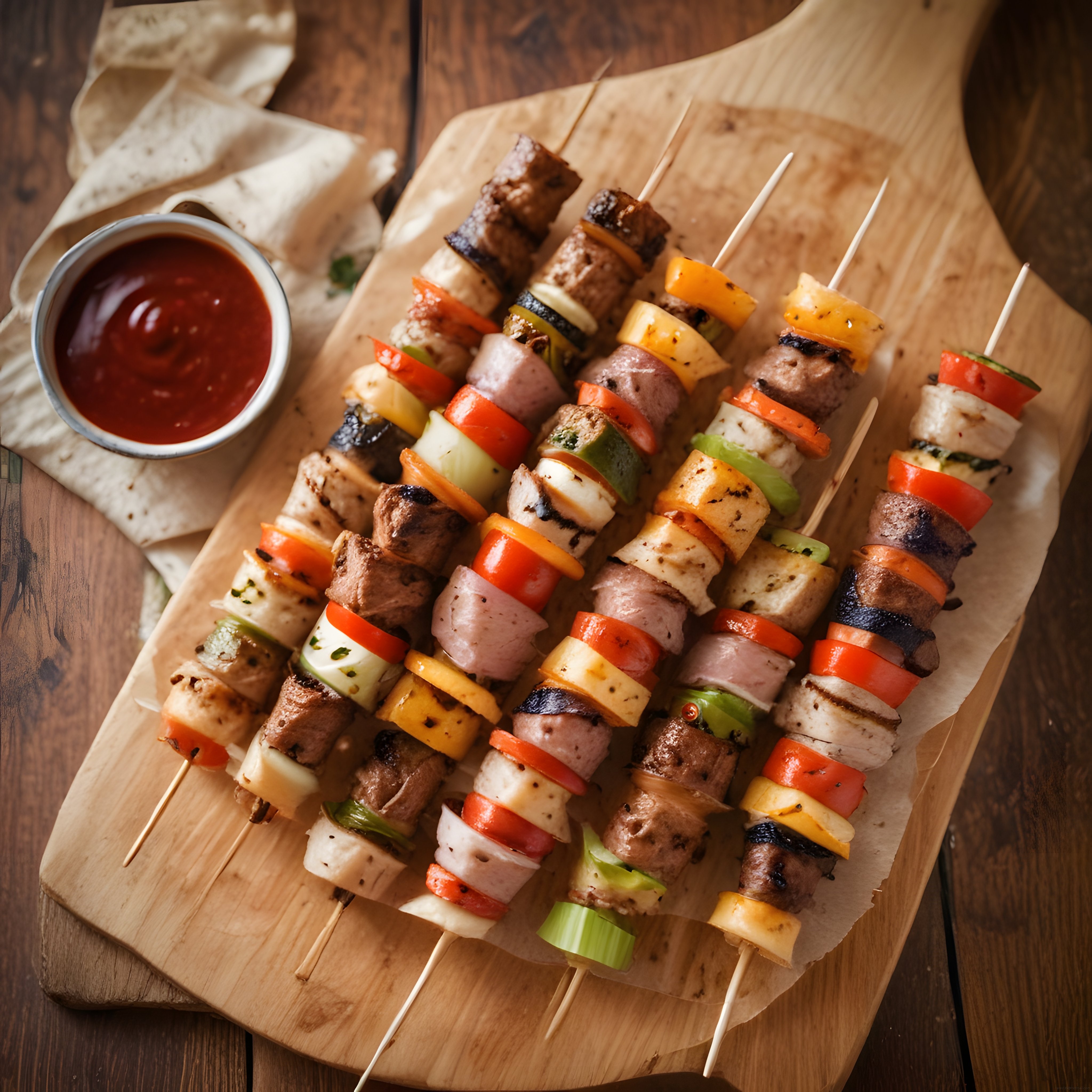 Ahşap Sunum Tahtasında Renkli Sebzeli ve Etli Izgara Şiş Kebap