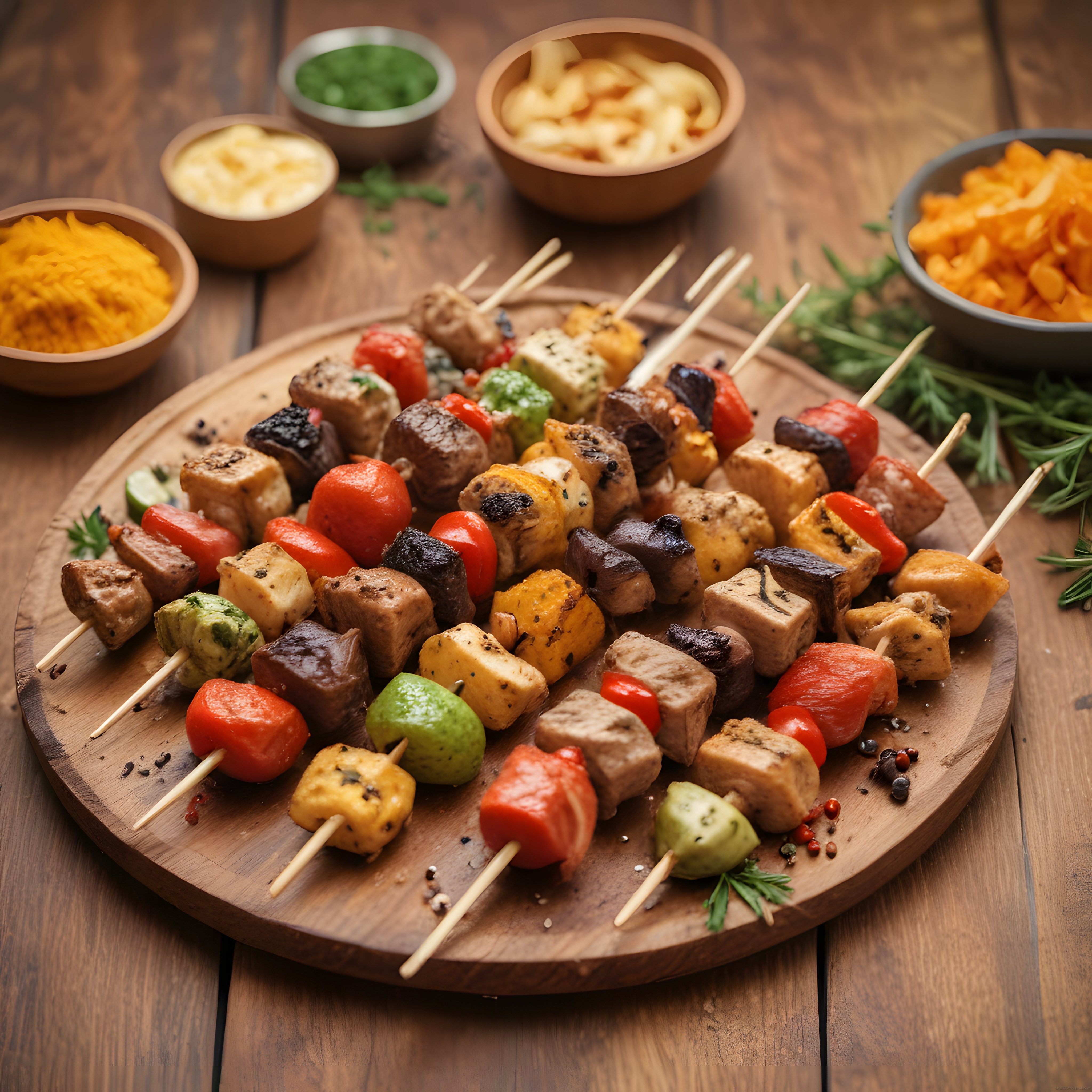 Ahşap Sunum Tahtasında Renkli Sebzeli ve Etli Şiş Kebap Çeşitleri