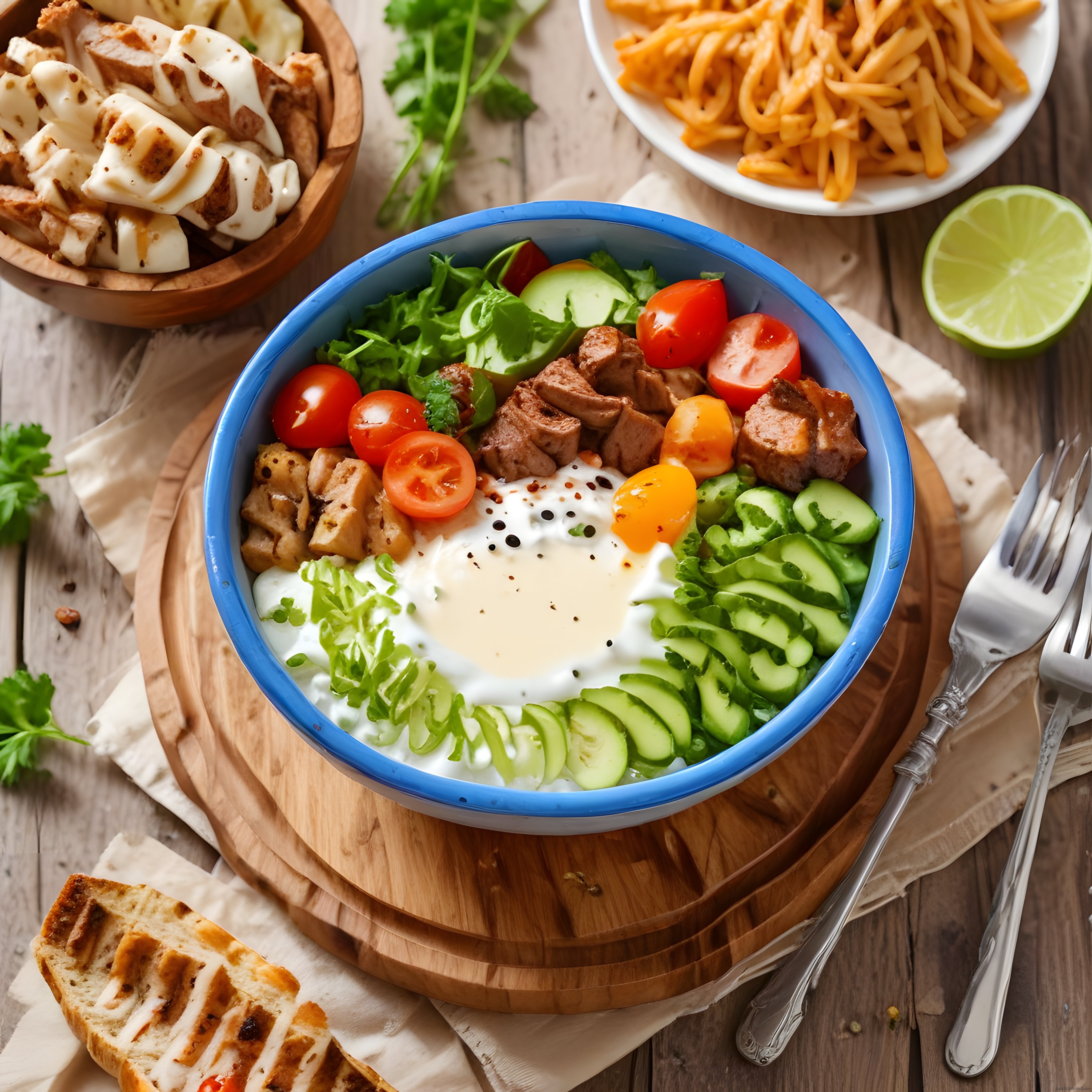 Ahşap sunum tahtasında renkli sebzeli ve ızgara etli bowl yemek görseli