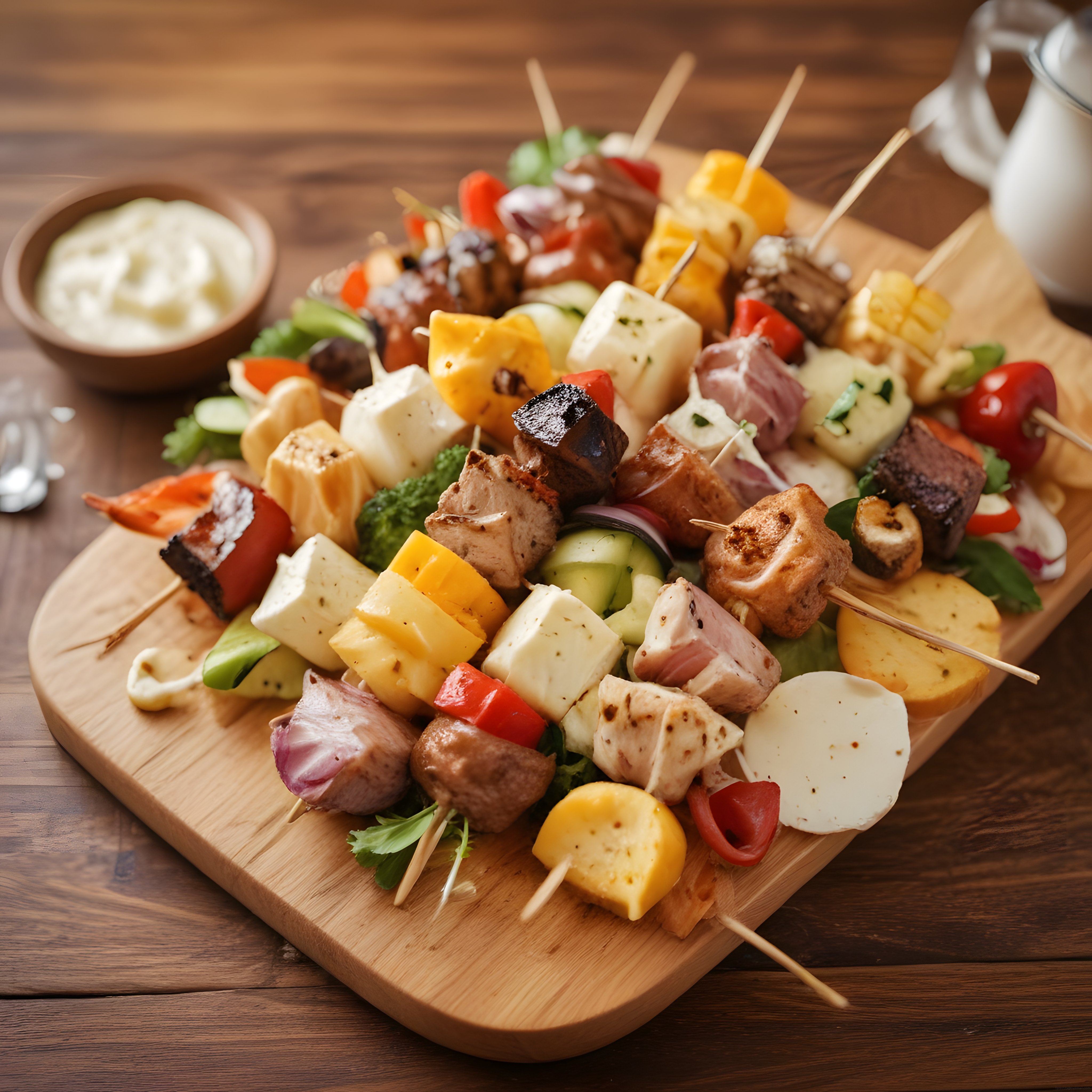 Ahşap Sunum Tahtasında Renkli Şiş Kebap, Peynir ve Sebze Çeşitleri