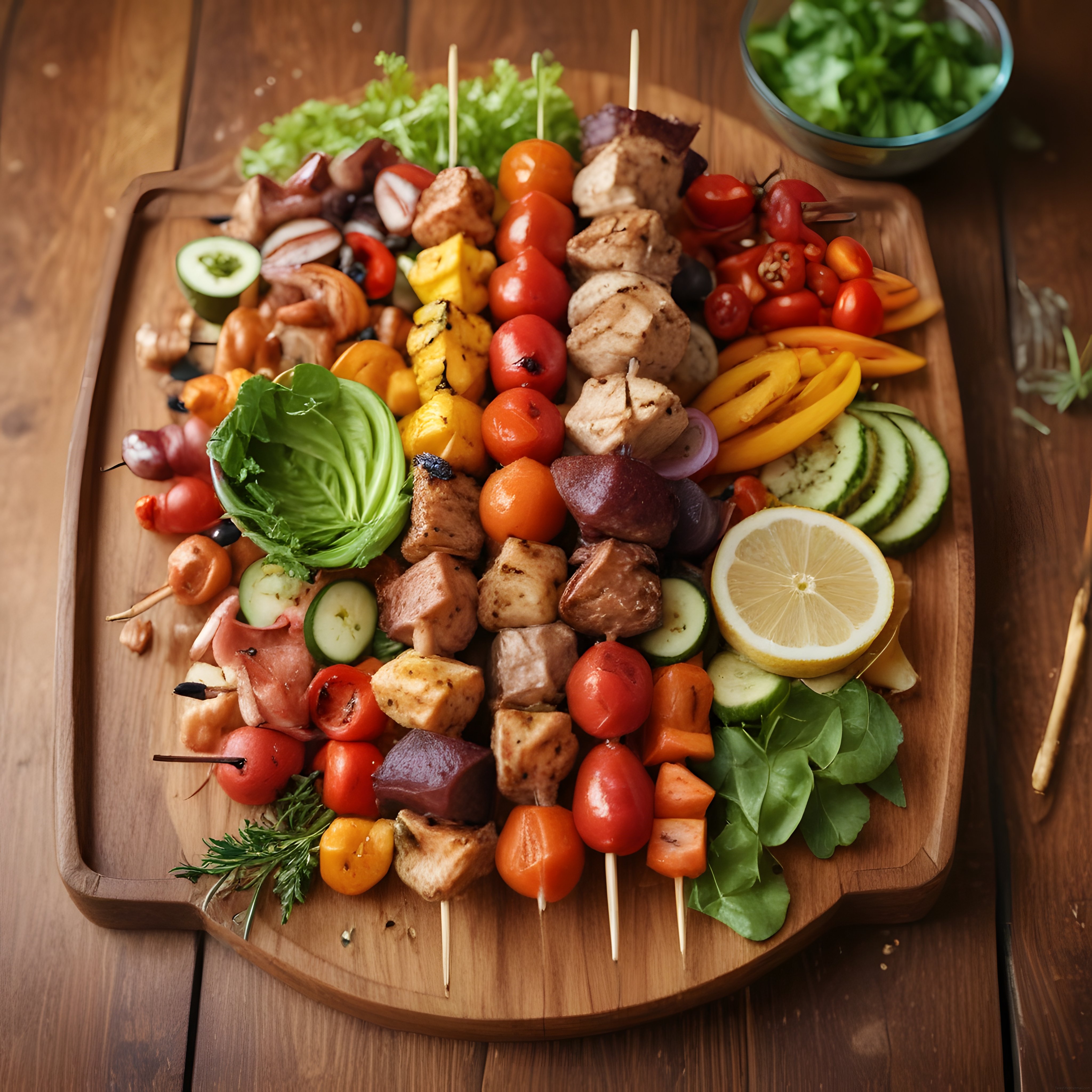 Ahşap Sunum Tahtasında Renkli Şiş Kebap ve Izgara Sebze Çeşitleri