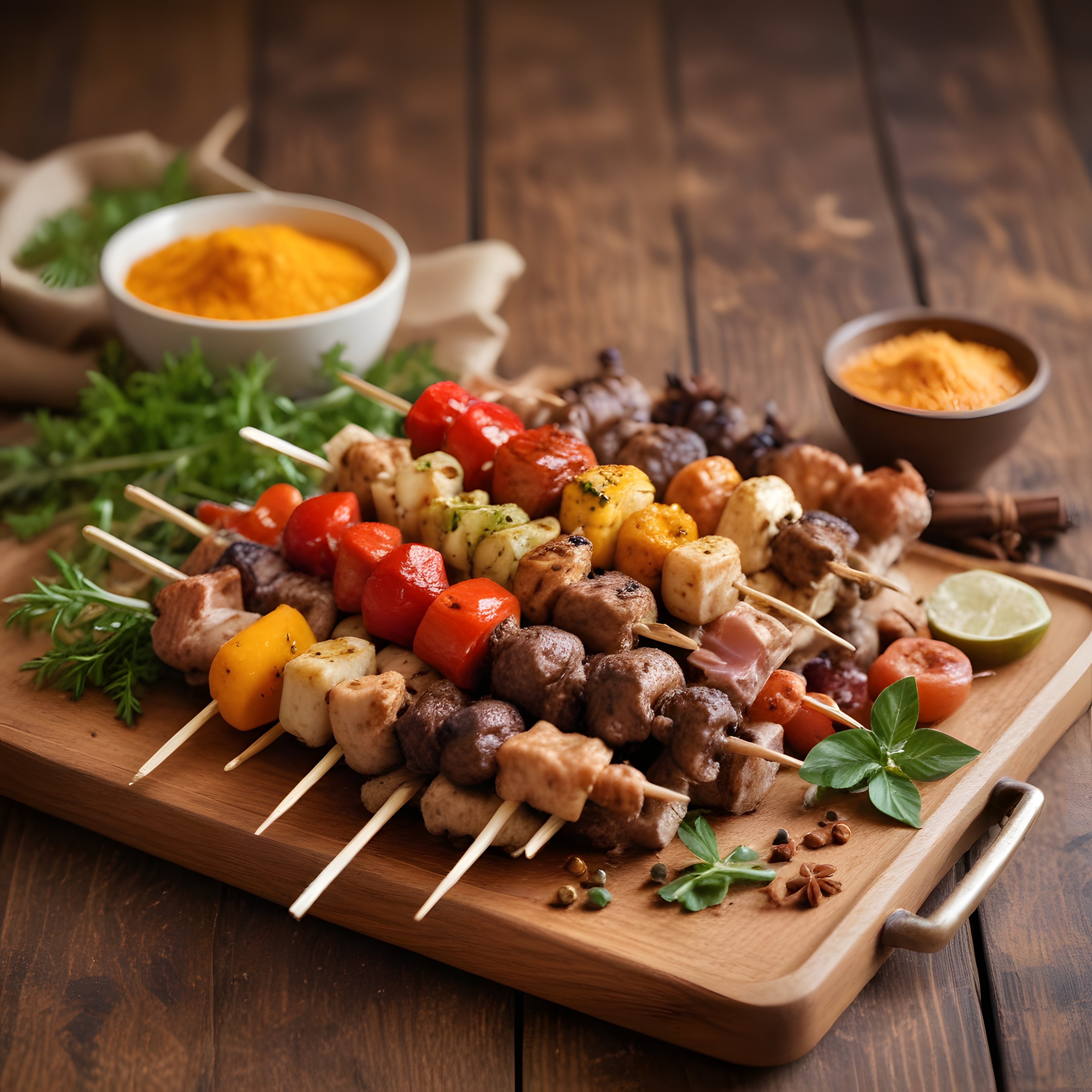 Ahşap Sunum Tahtasında Renkli Şiş Kebap ve Özel Soslar ile Davet Sofrası