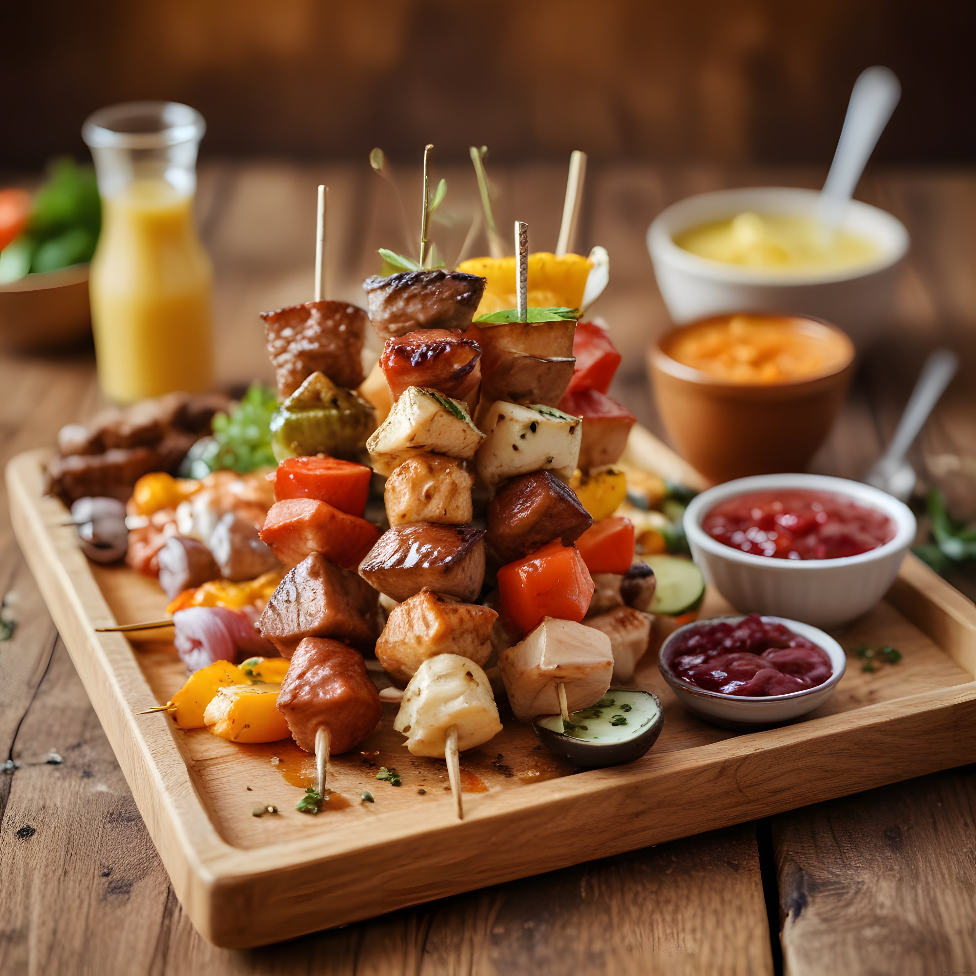 Ahşap Sunum Tahtasında Renkli Şiş Kebap ve Özel Soslarla Davet Menüsü