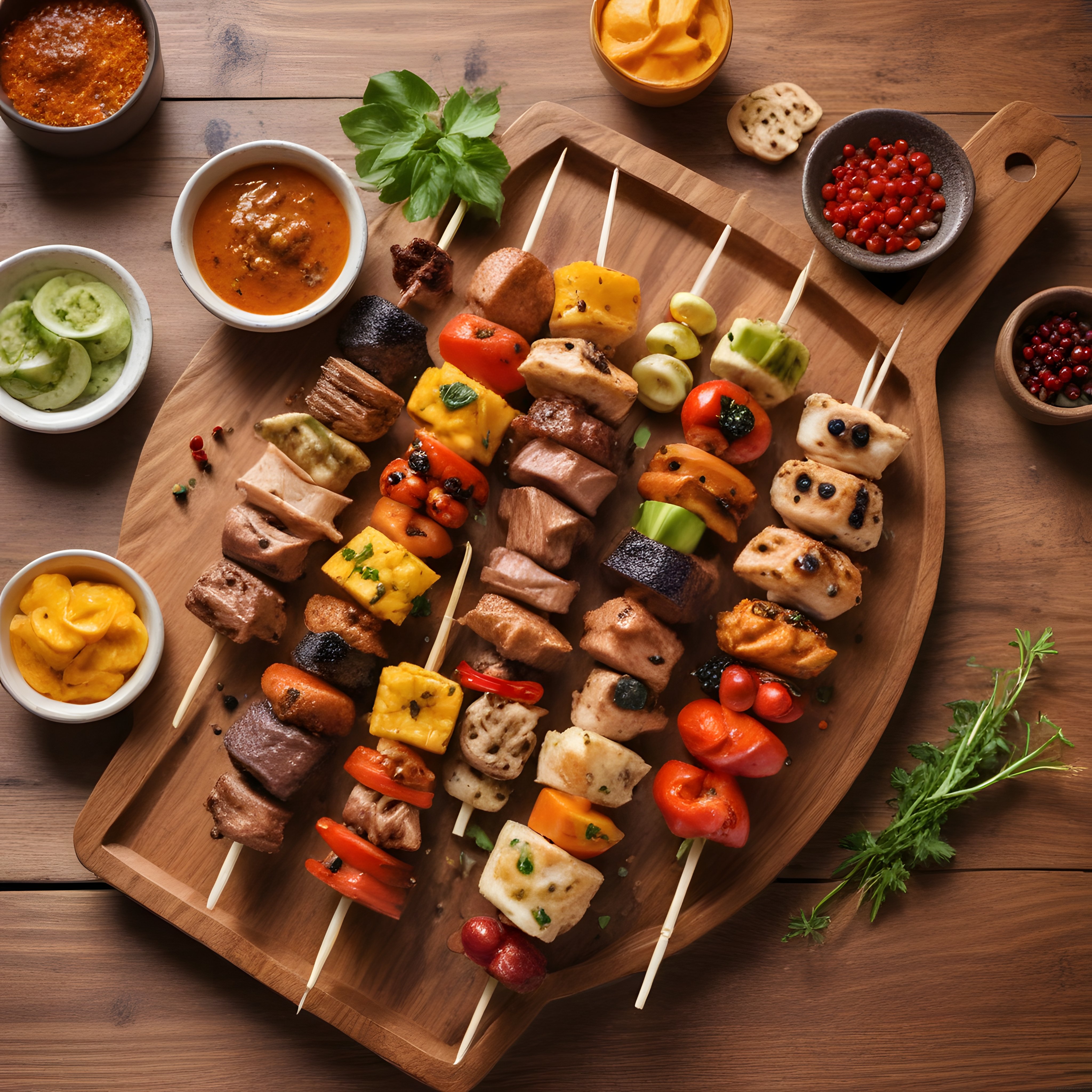 Ahşap sunum tahtasında renkli şiş kebap ve özel soslarla ızgara keyfi