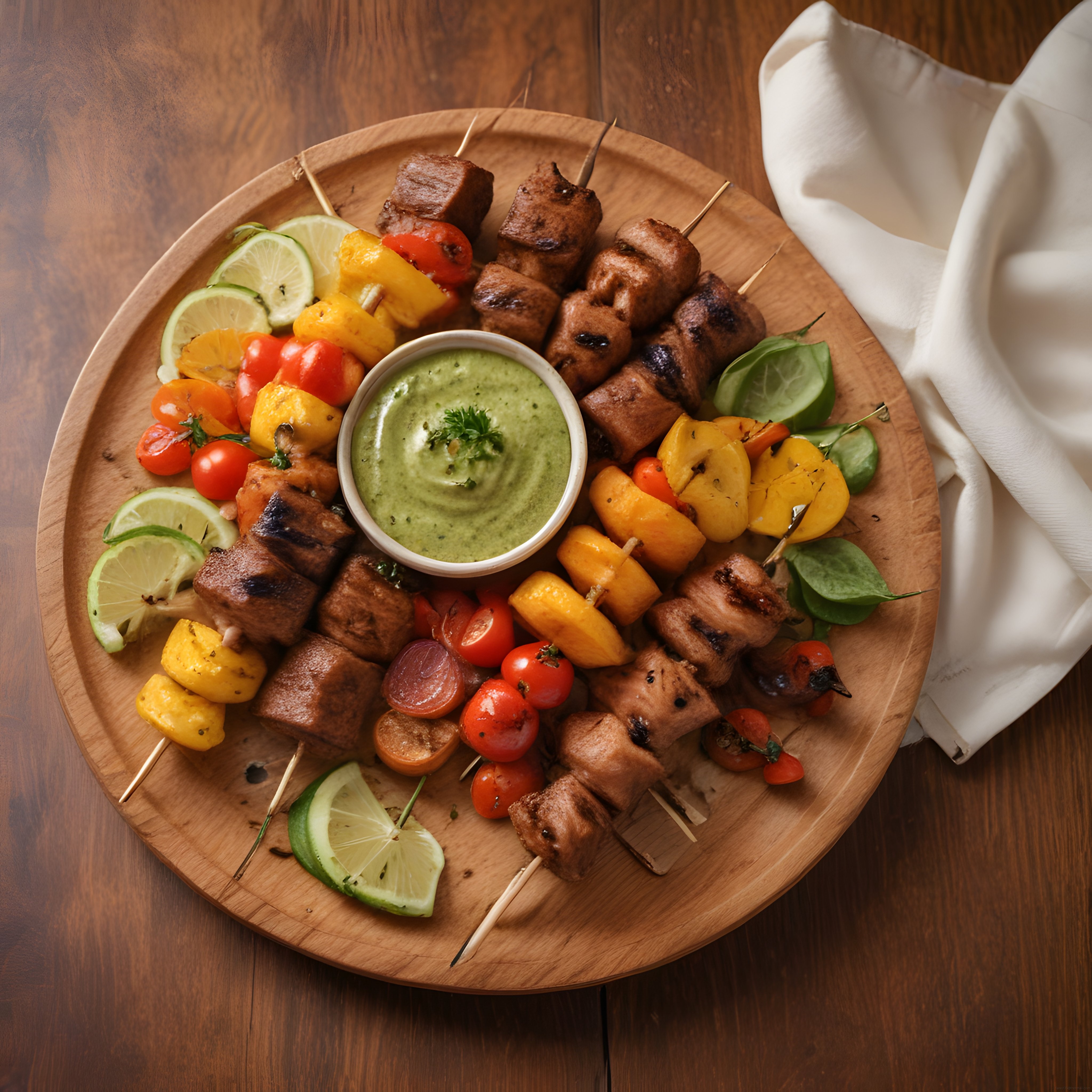 Ahşap Sunum Tahtasında Renkli Şiş Kebap ve Yeşil Sos ile Davet Sofrası