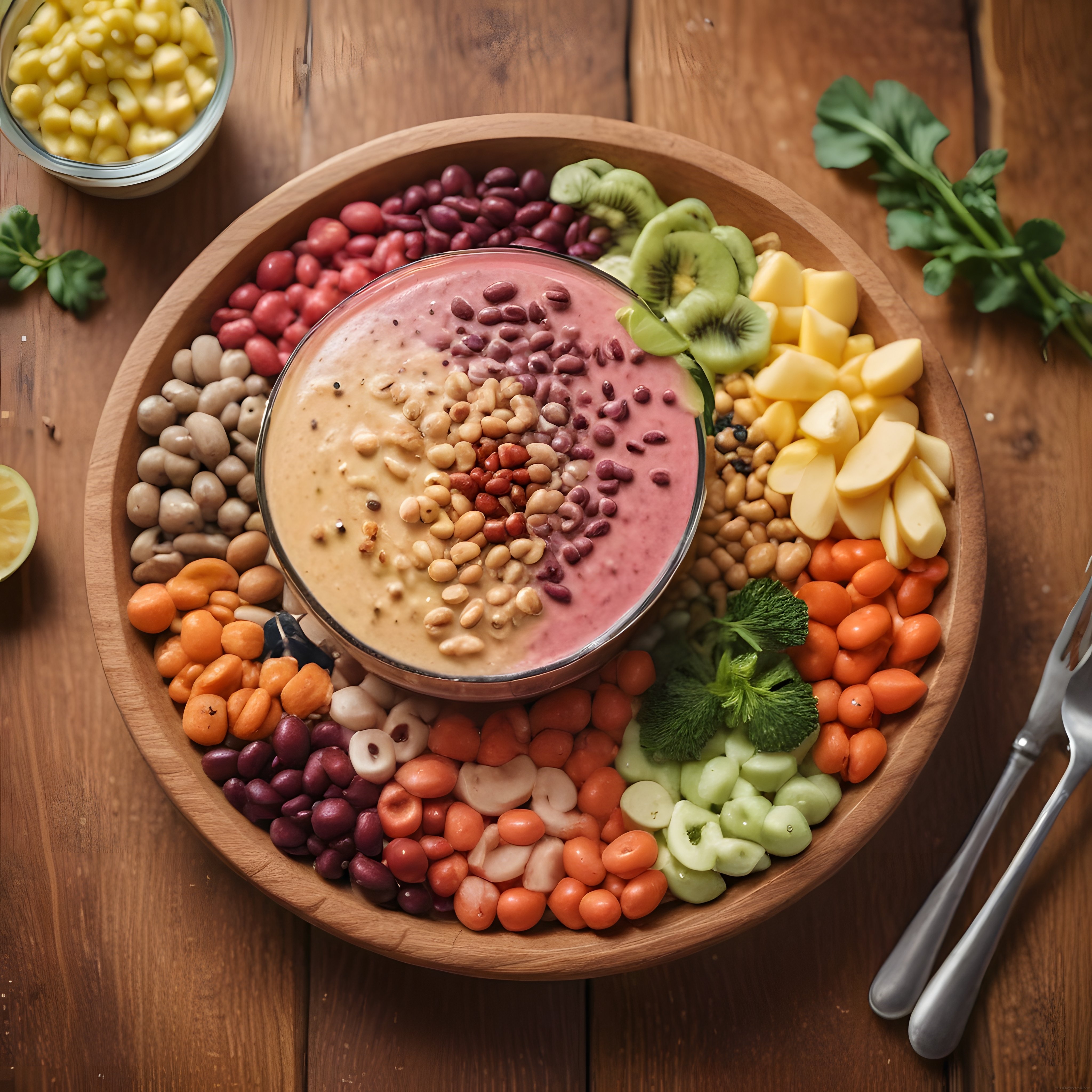 Ahşap Sunum Tahtasında Renkli Smoothie Bowl ve Sağlıklı Kahvaltı Kasesi