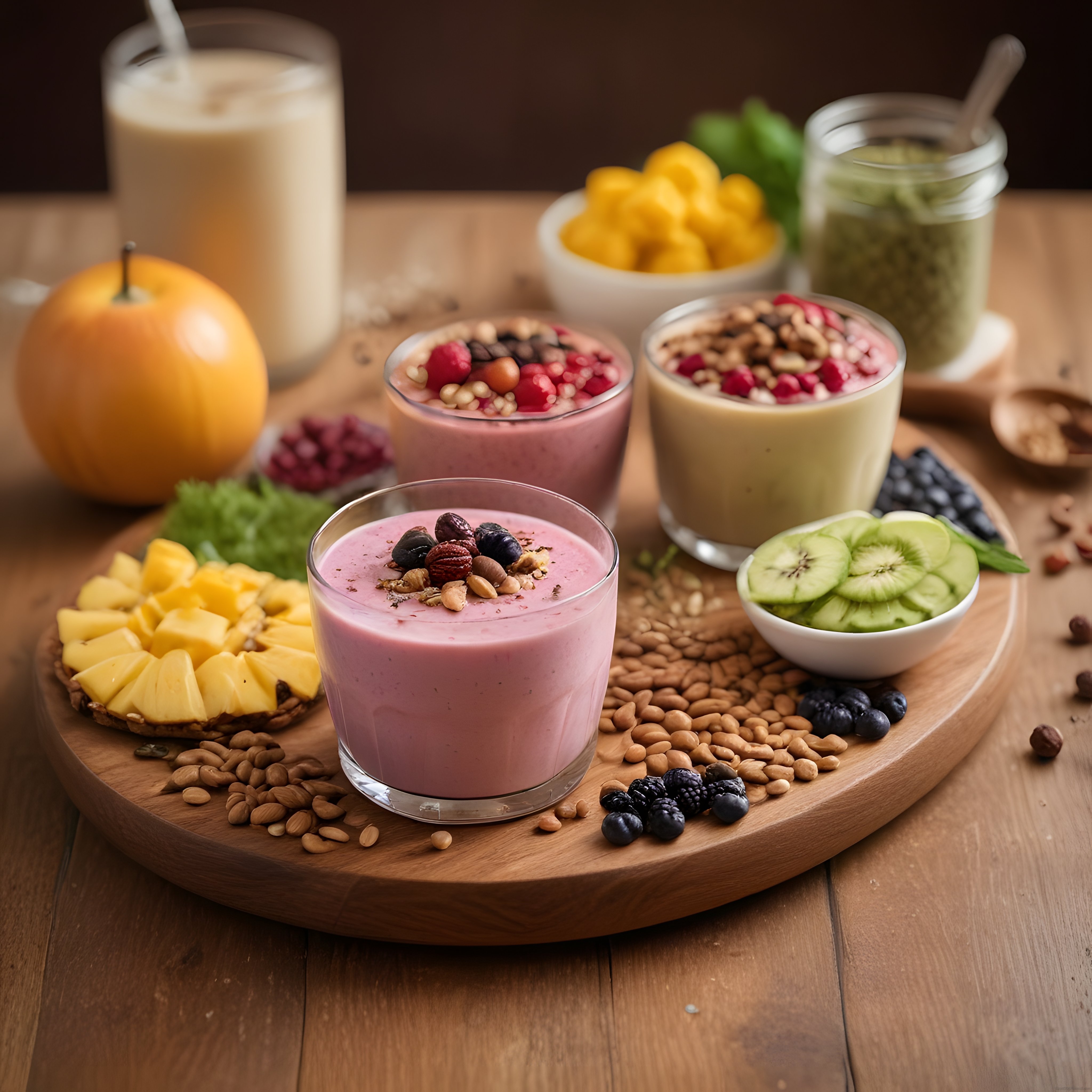Ahşap Sunum Tahtasında Renkli Smoothie Çeşitleri ve Taze Meyveler