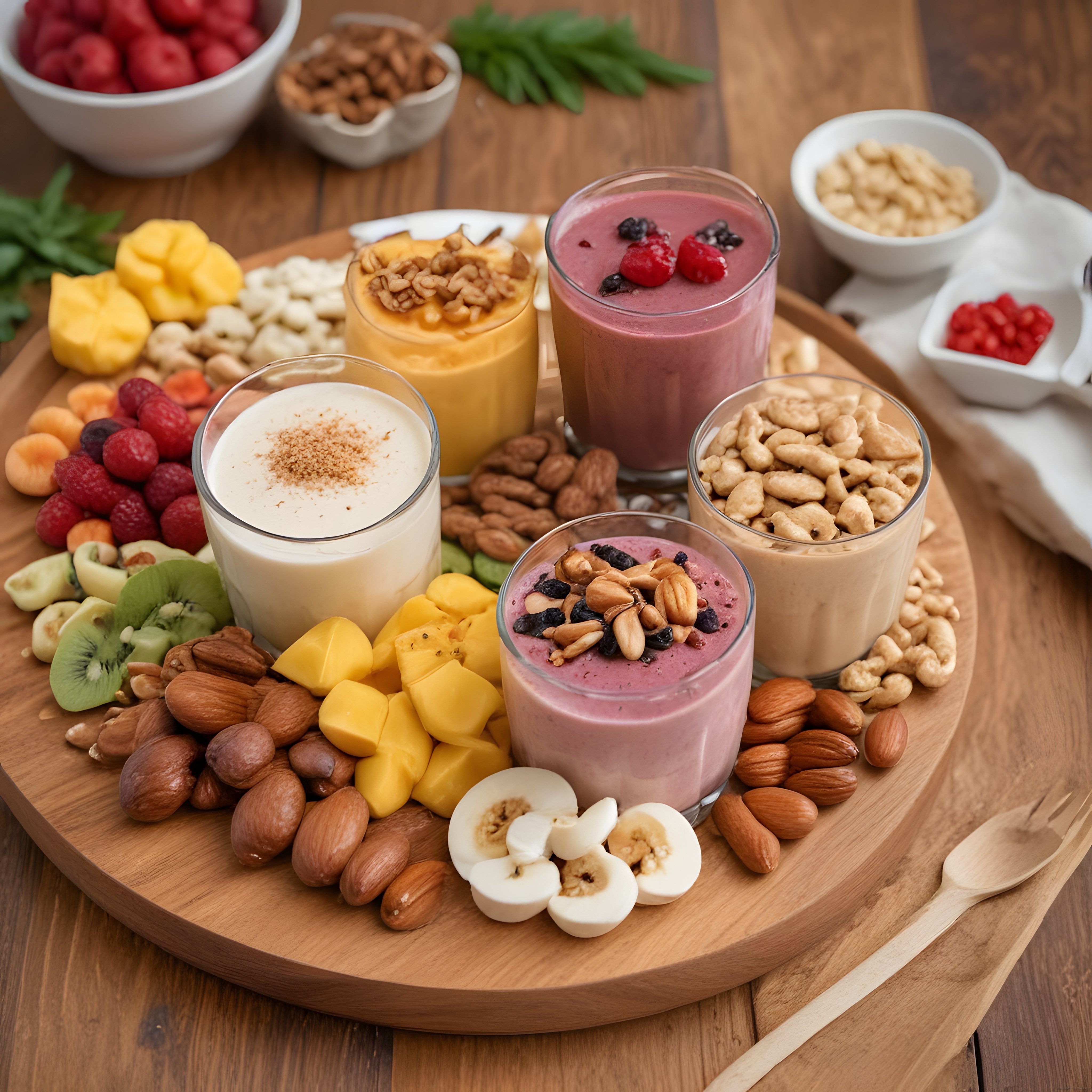 Ahşap Sunum Tahtasında Renkli Smoothie'ler ve Taze Meyveli Kahvaltı Masası