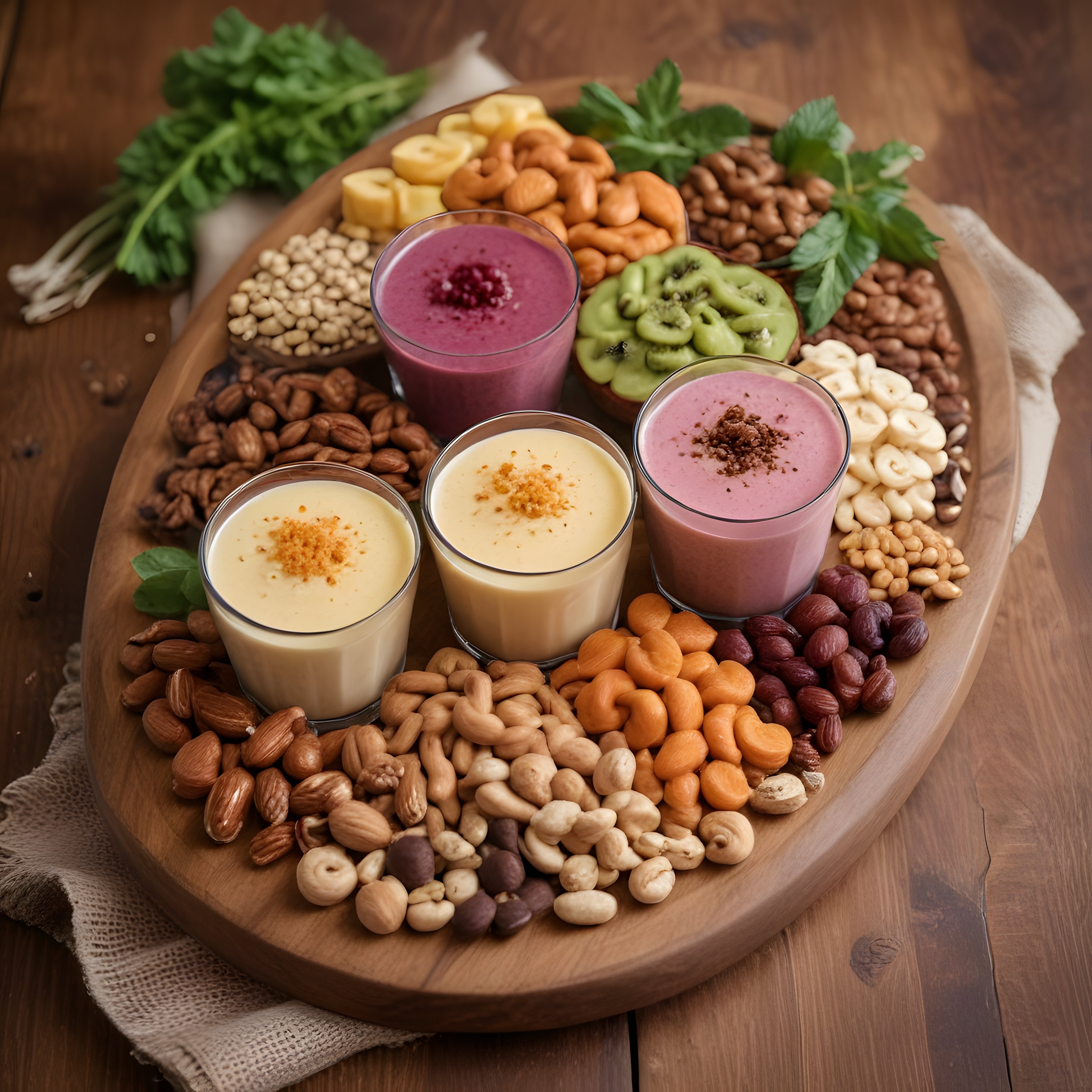 Ahşap Sunum Tahtasında Renkli Smoothie ve Kuruyemiş Kahvaltı Tabağı
