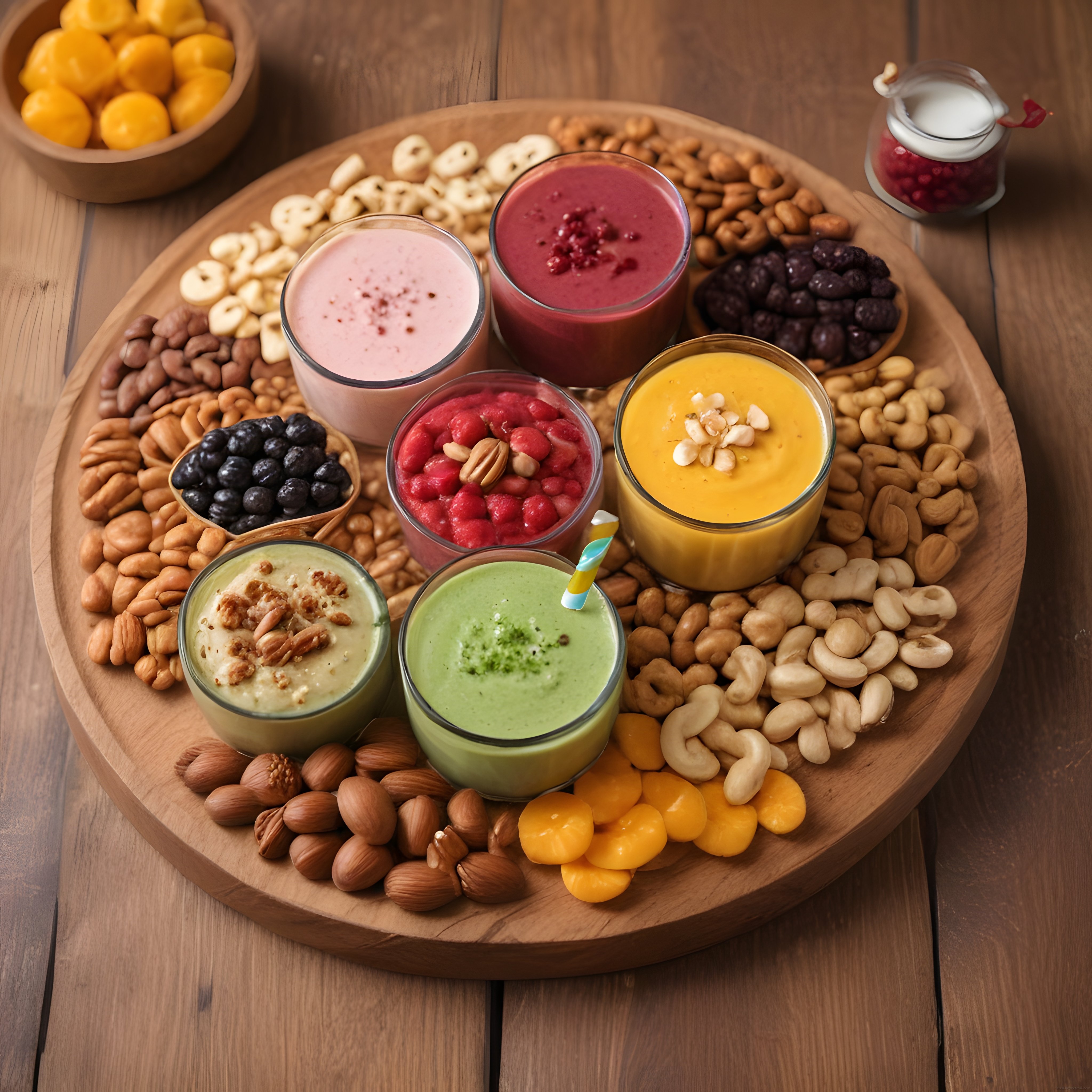 Ahşap Sunum Tahtasında Renkli Smoothie ve Kuruyemiş Kahvaltısı