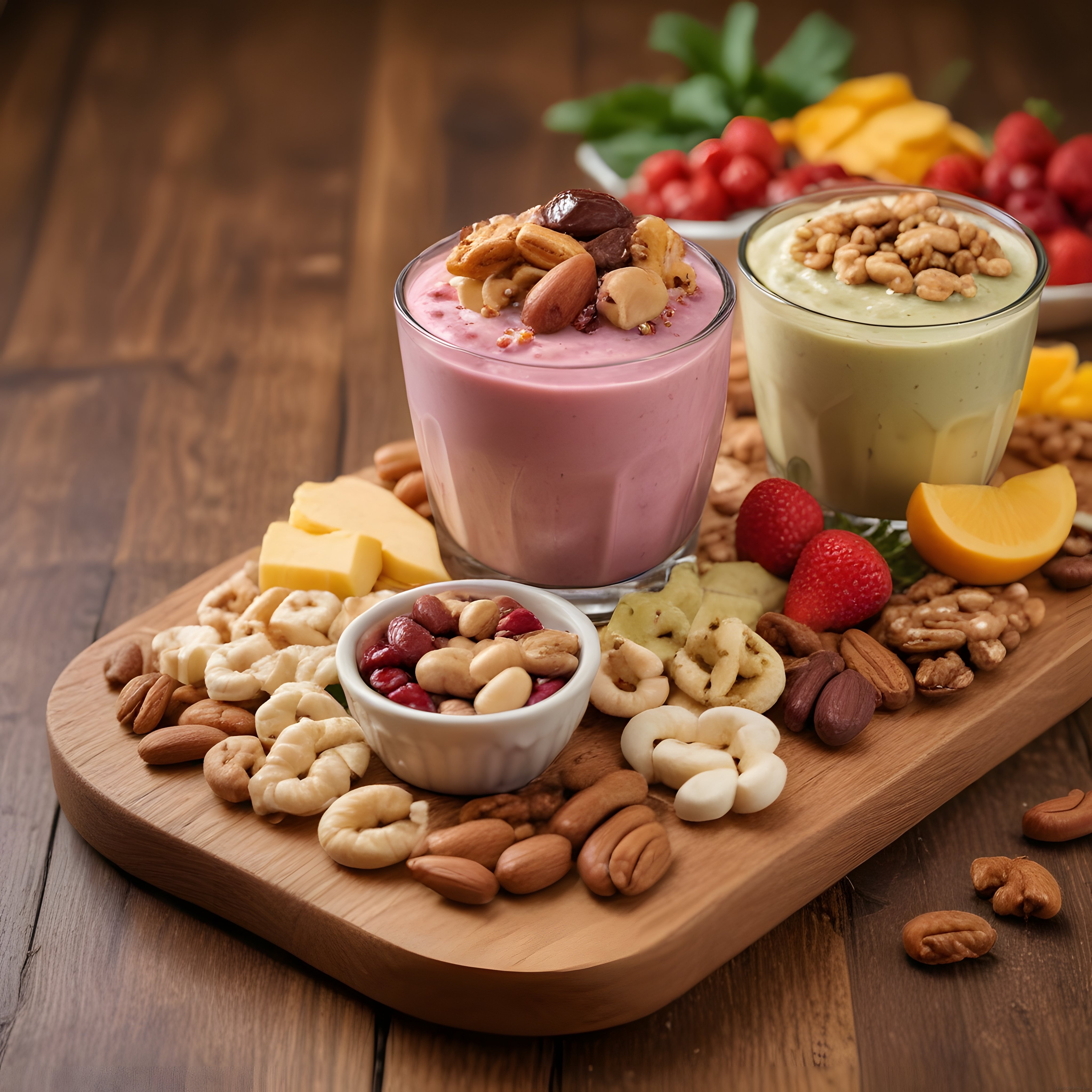 Ahşap Sunum Tahtasında Renkli Smoothie ve Kuruyemişli Kahvaltı Tabağı