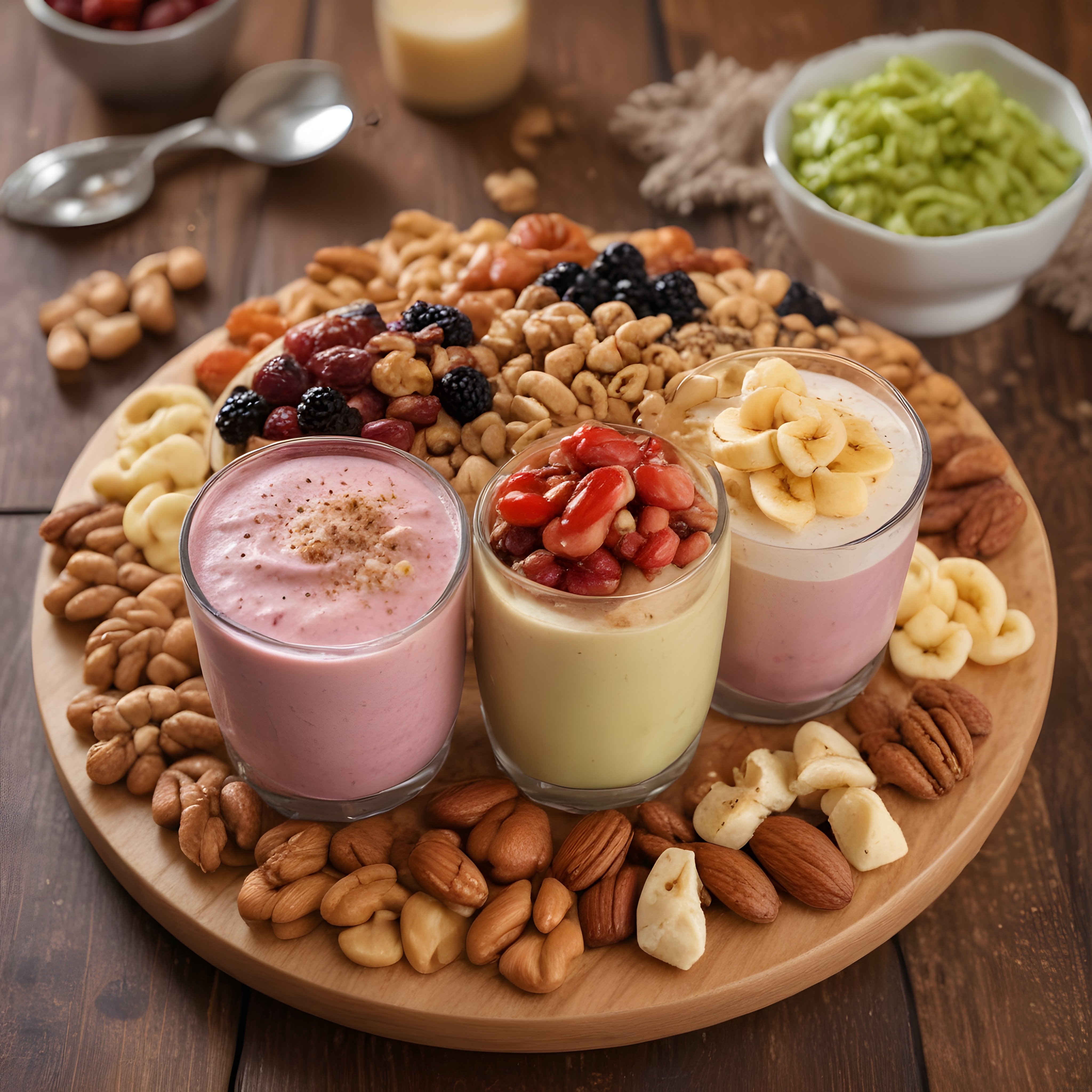 Ahşap Sunum Tahtasında Renkli Smoothie ve Kuruyemişli Kahvaltı Tabağı