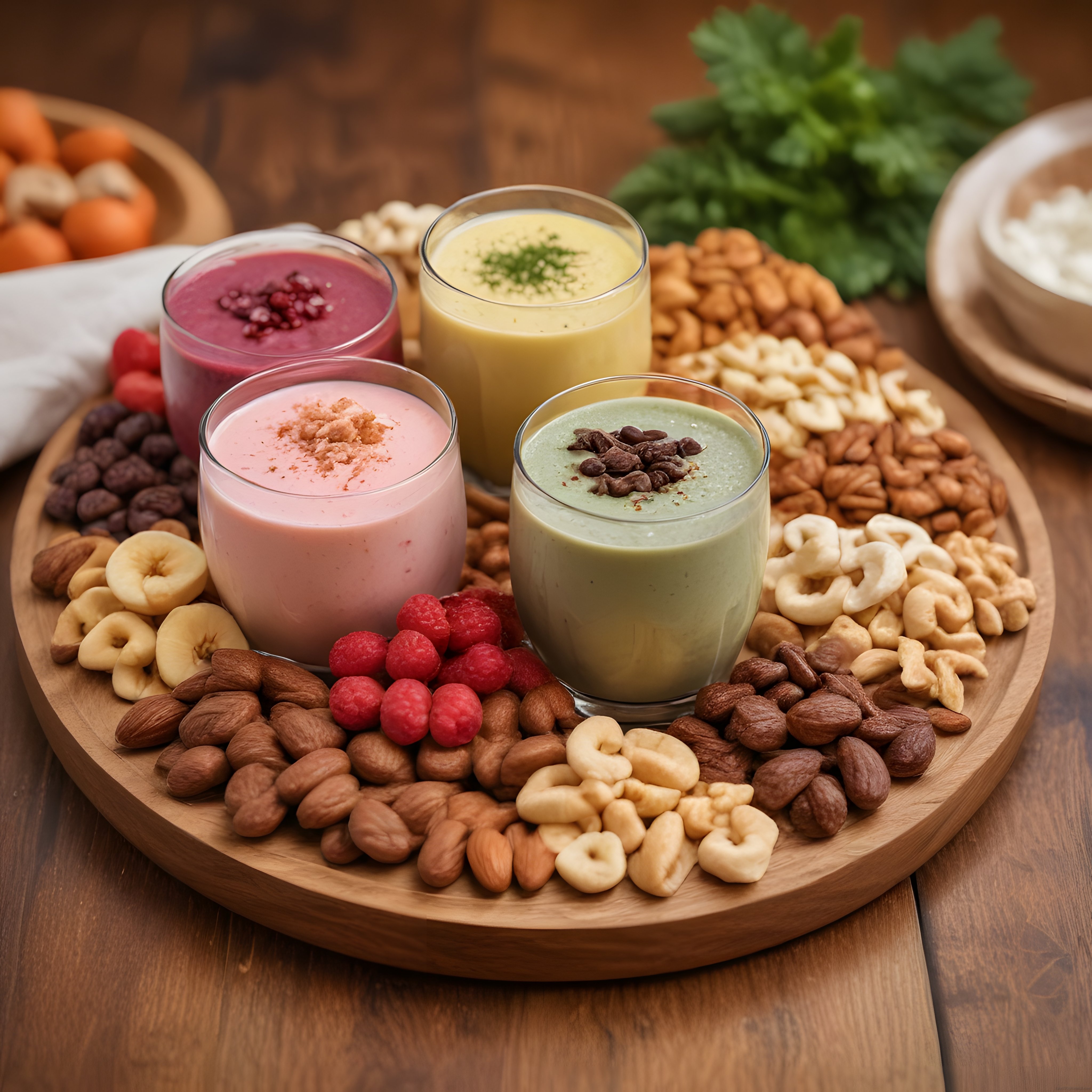 Ahşap Sunum Tahtasında Renkli Smoothie ve Kuruyemişli Kahvaltı Tabağı