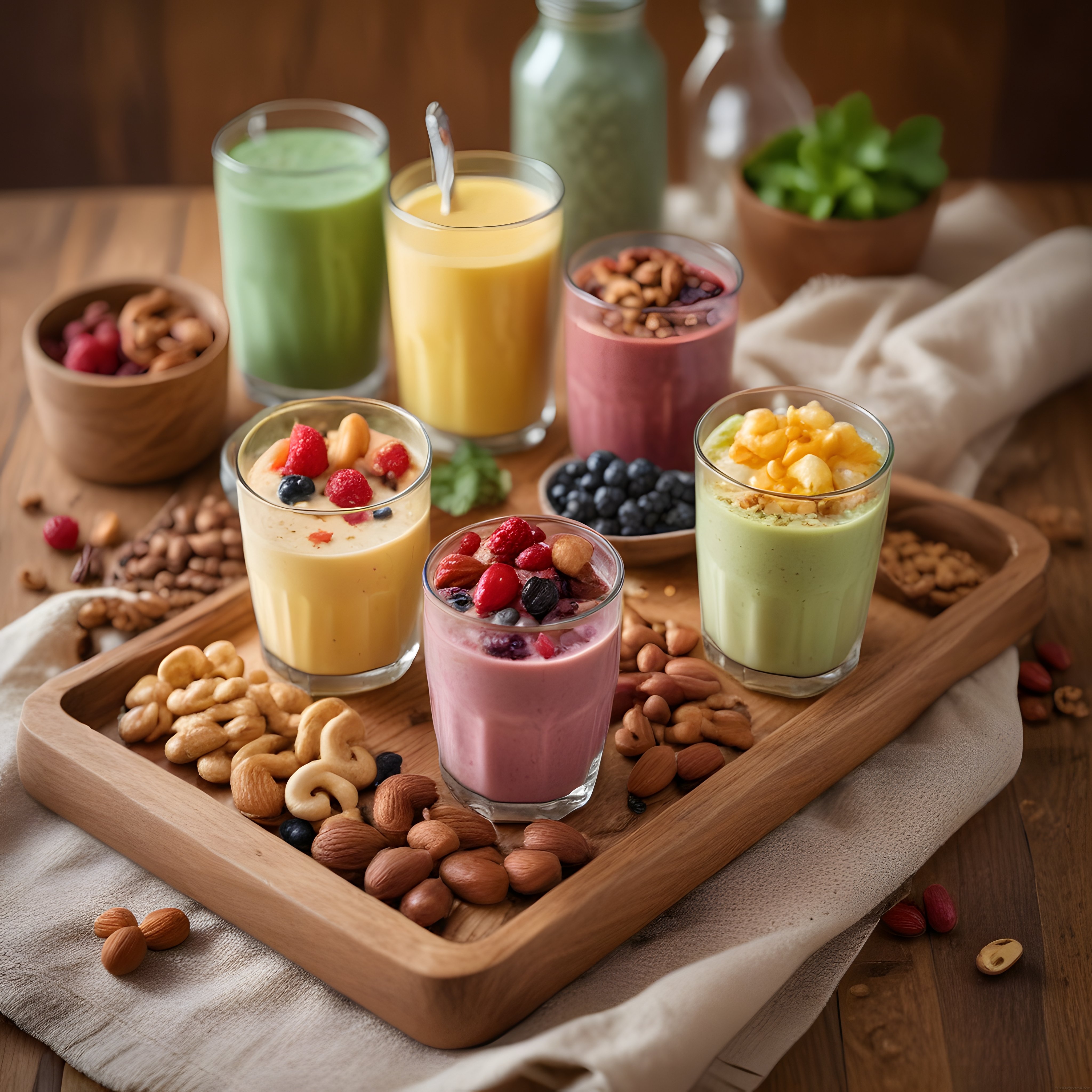 Ahşap Sunum Tahtasında Renkli Smoothie ve Kuruyemişli Sağlıklı İçecekler