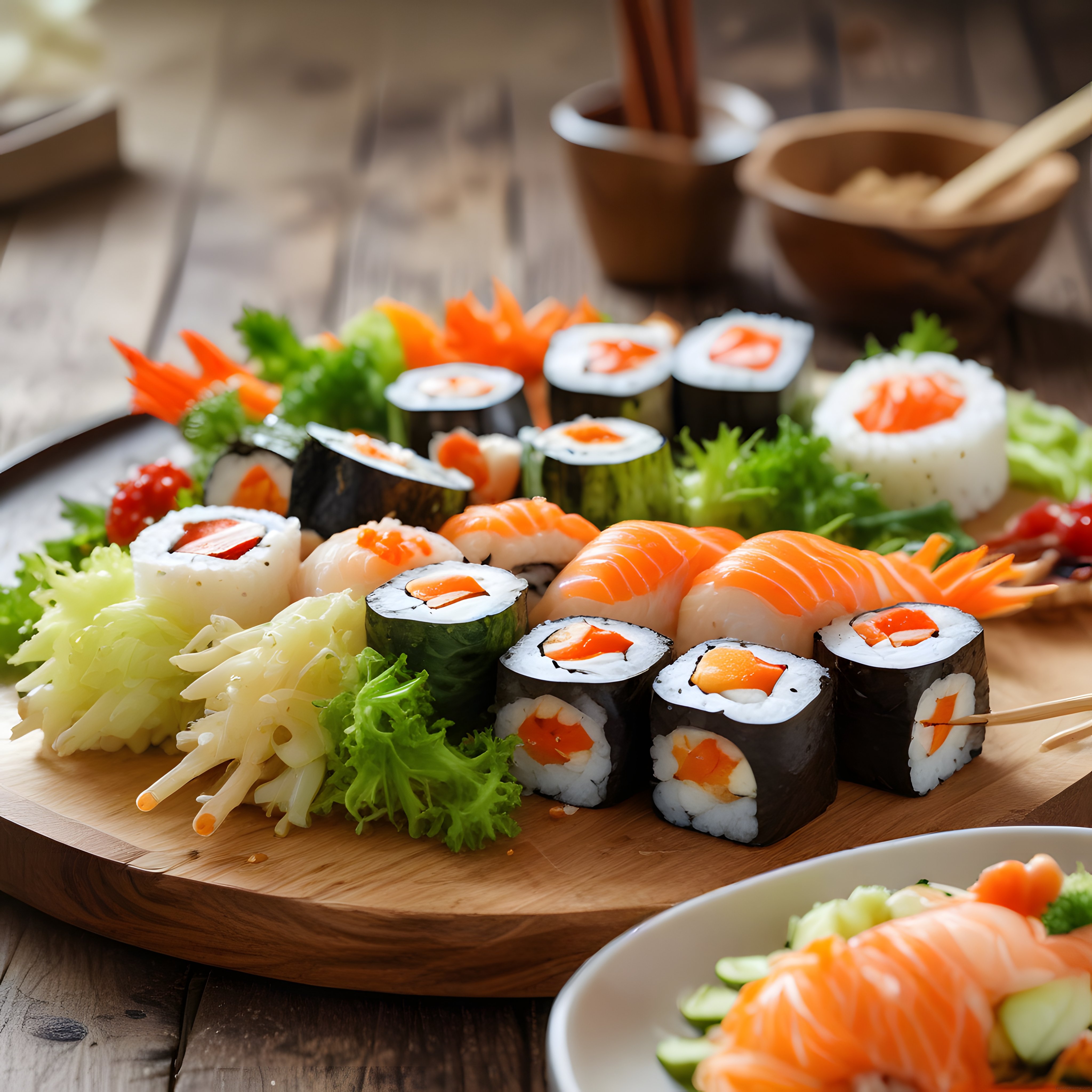 Ahşap Sunum Tahtasında Renkli Sushi Çeşitleri ve Taze Somon Nigiri