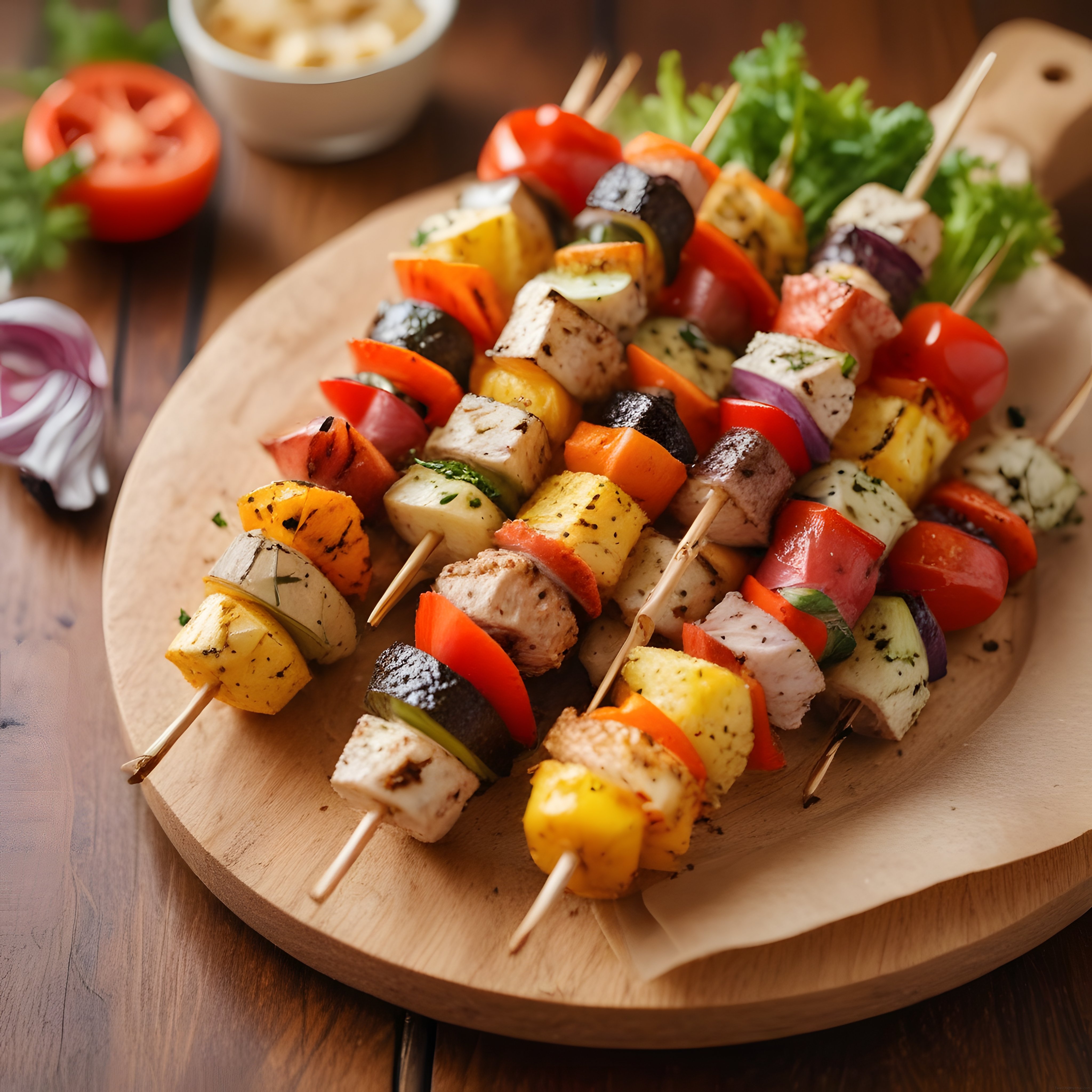 Ahşap Sunum Tahtasında Renkli Tavuk ve Sebze Şiş Kebap Sunumu