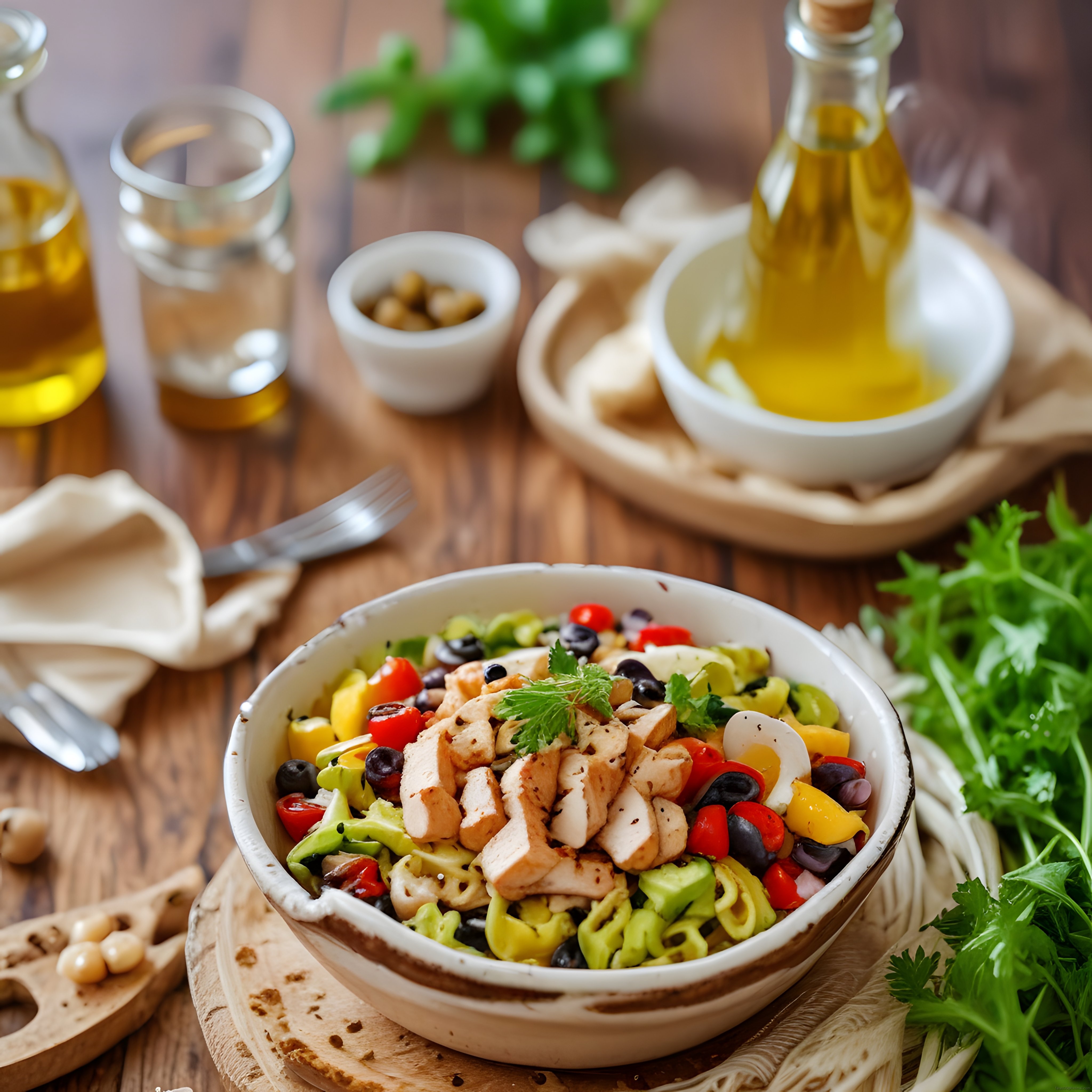 Ahşap Sunum Tahtasında Renkli Tavuklu Kase Salata ve Zeytinyağı Düzenlemesi