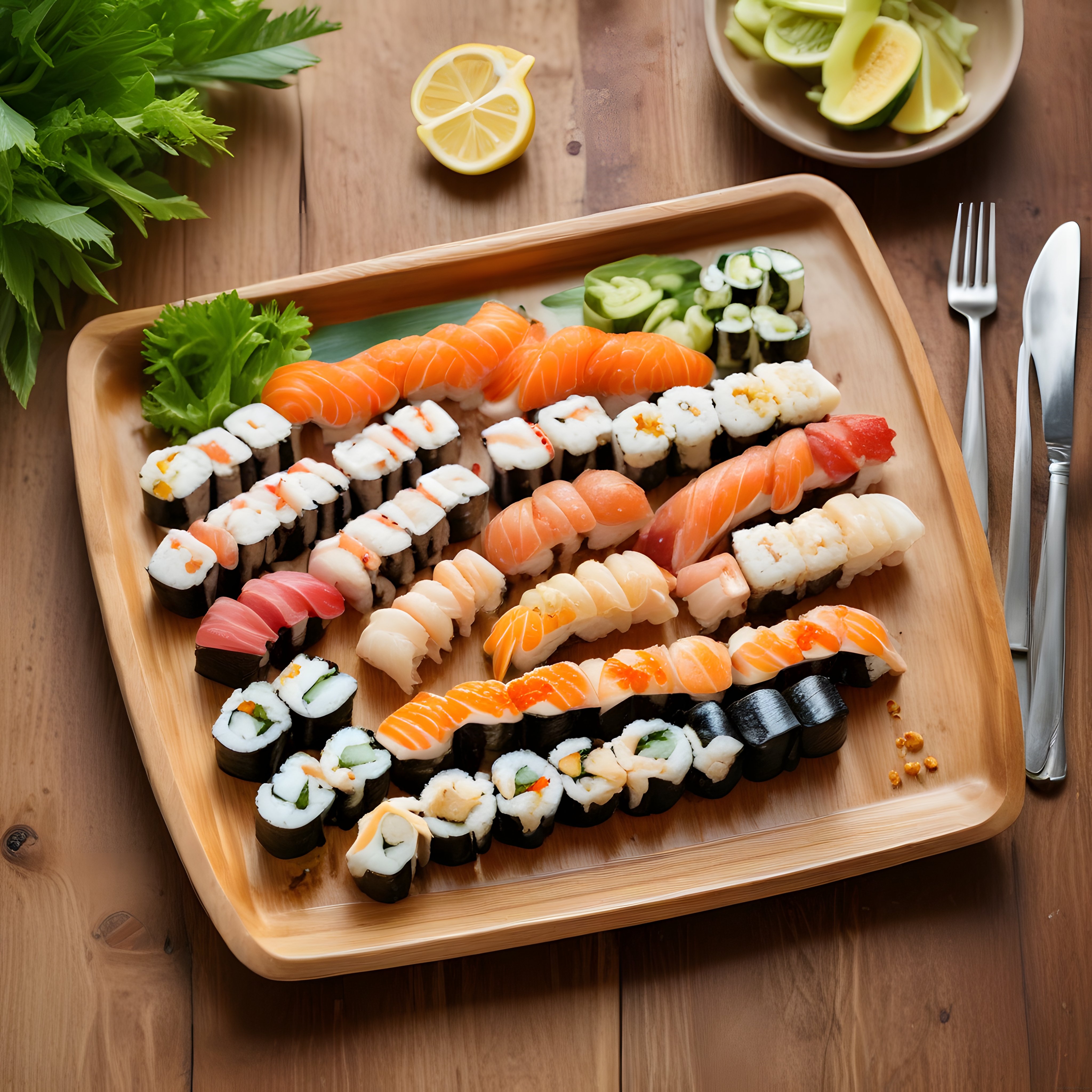 Ahşap Sunum Tahtasında Renkli ve Taze Sushi Çeşitleriyle Japon Lezzet Şöleni