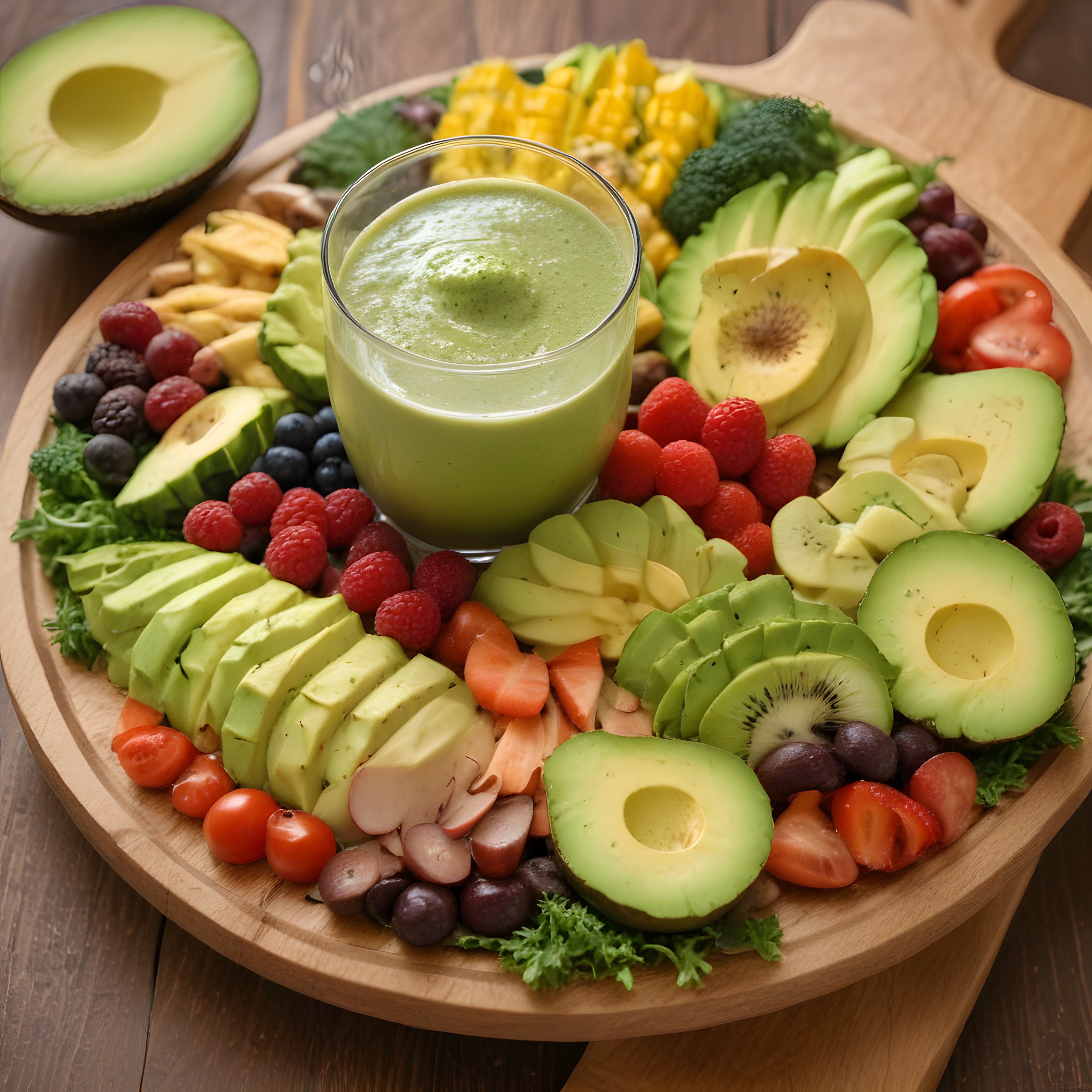 Ahşap sunum tahtasında sağlıklı avokado ve taze meyve smoothie tabağı