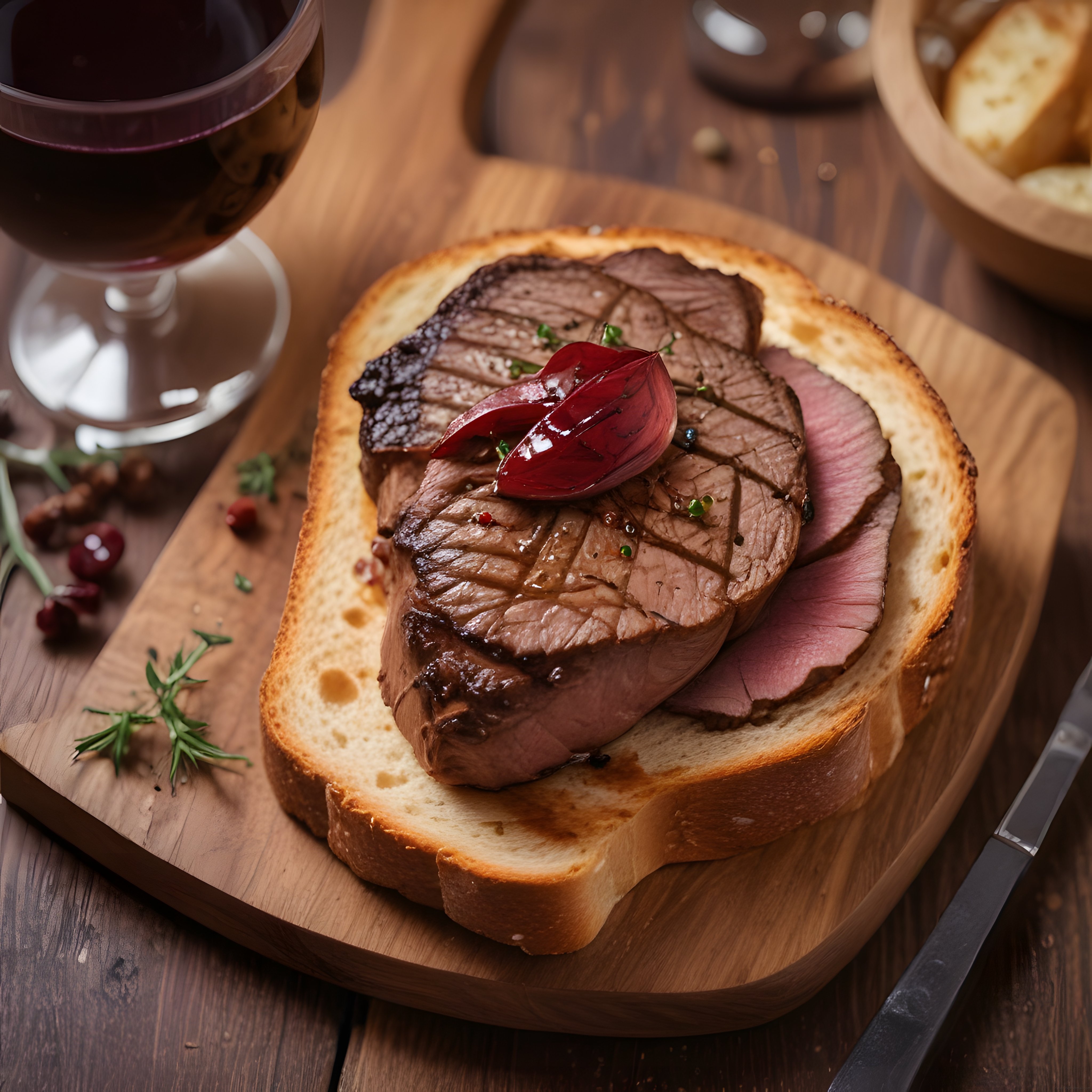 ahşap sunum tahtasında şarap eşliğinde biftekli ekmek ve karamelize soğan