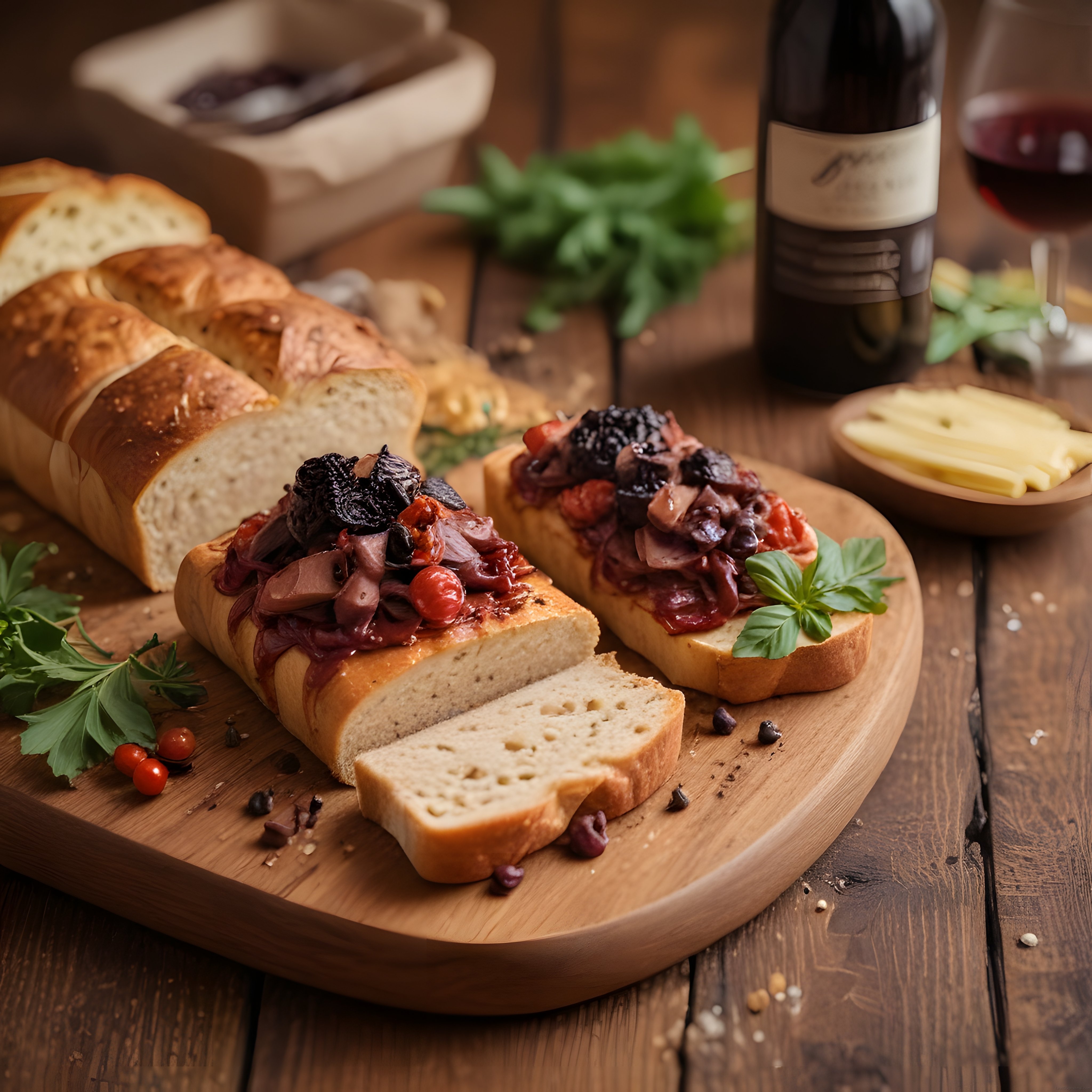 Ahşap Sunum Tahtasında Şarap Eşliğinde Zeytinli Domatesli Bruschetta ve Peynir